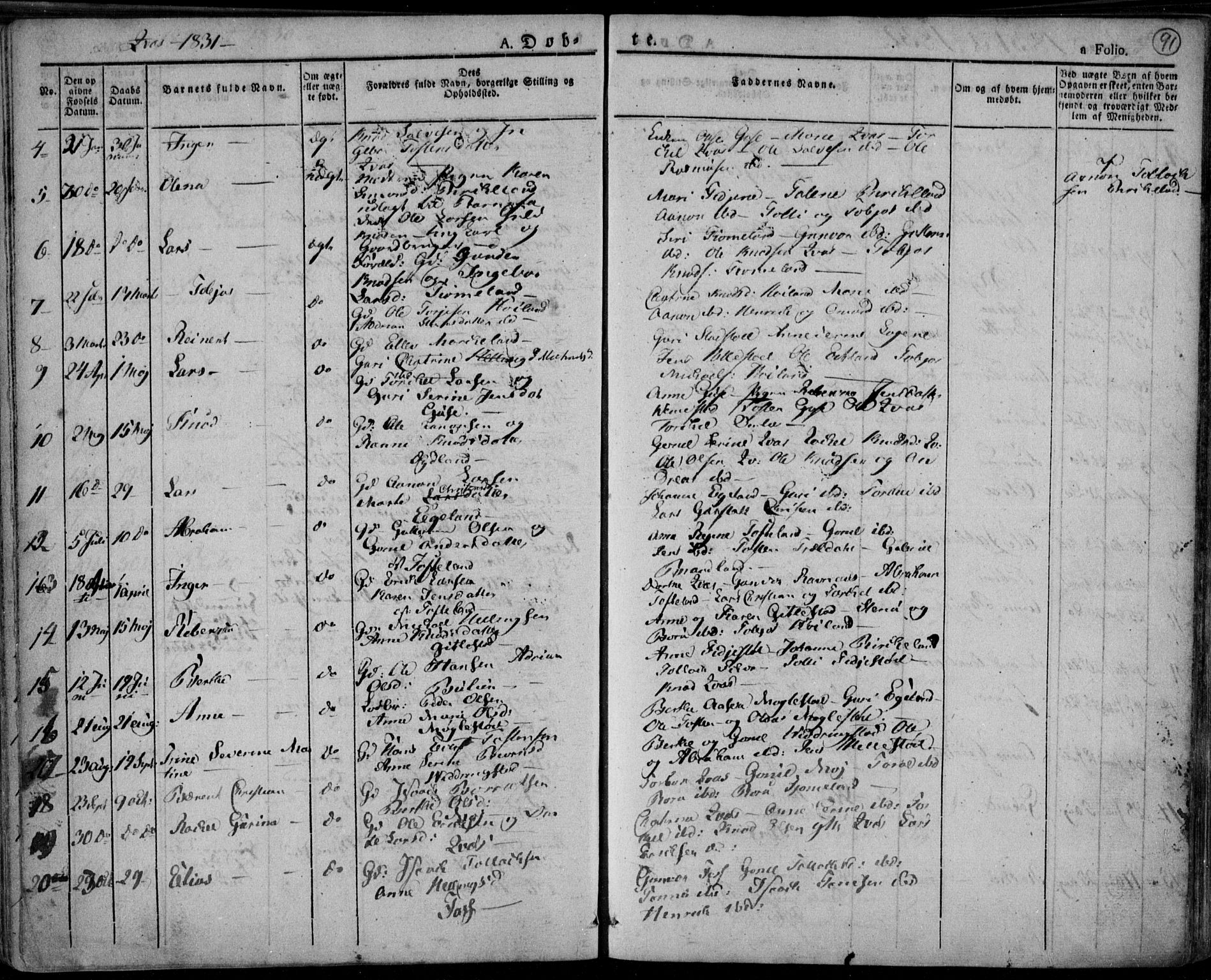Lyngdal sokneprestkontor, SAK/1111-0029/F/Fa/Fac/L0007: Parish register (official) no. A 7, 1825-1838, p. 91