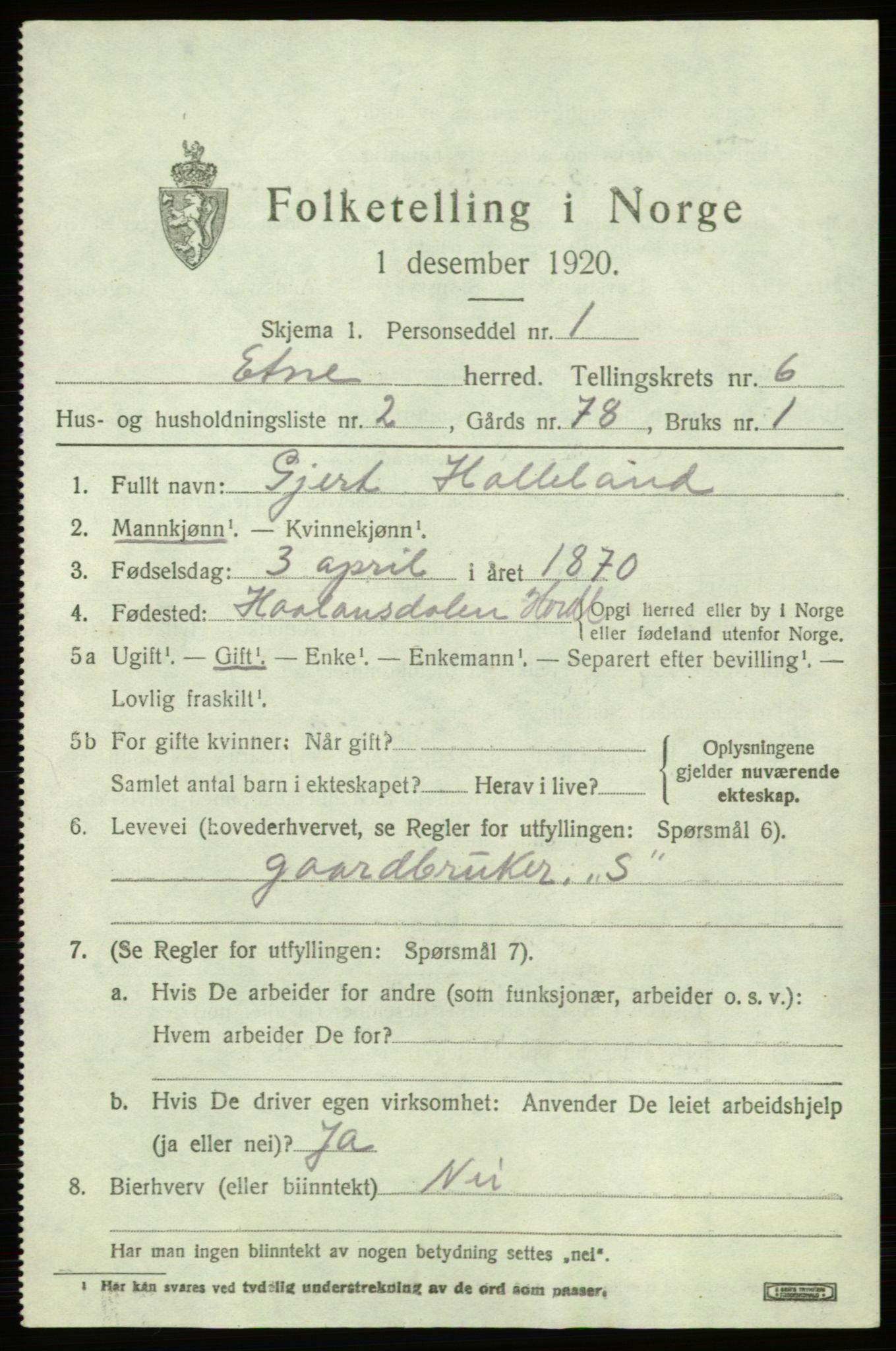 SAB, 1920 census for Etne, 1920, p. 2725