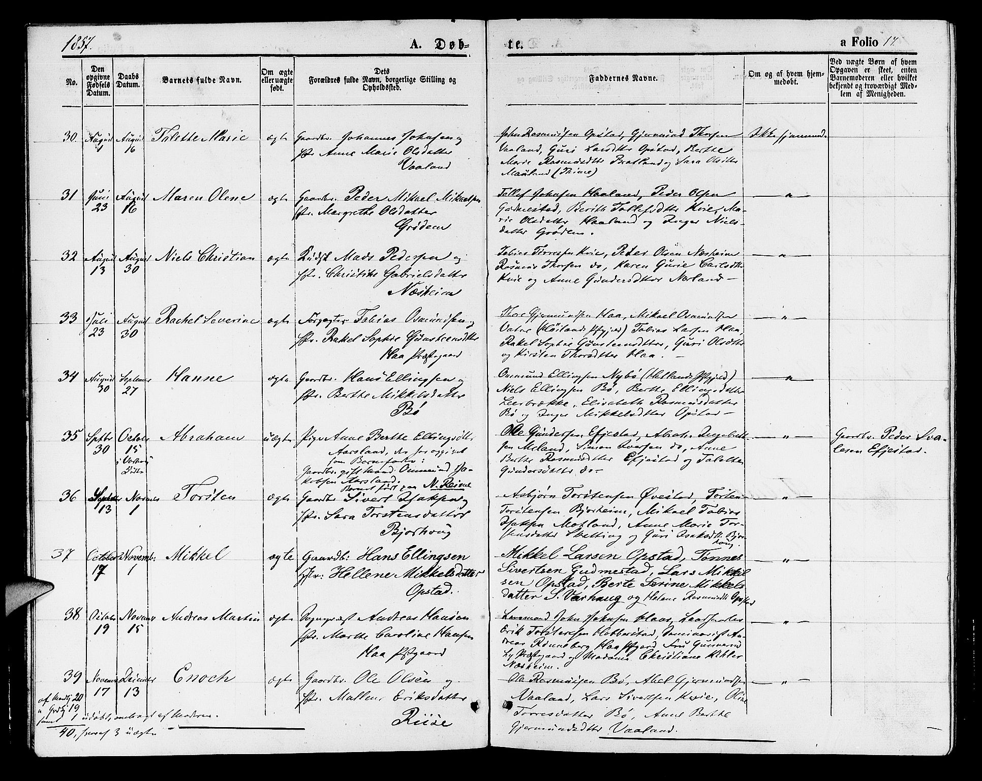 Hå sokneprestkontor, AV/SAST-A-101801/001/30BB/L0001: Parish register (copy) no. B 1, 1854-1883, p. 17