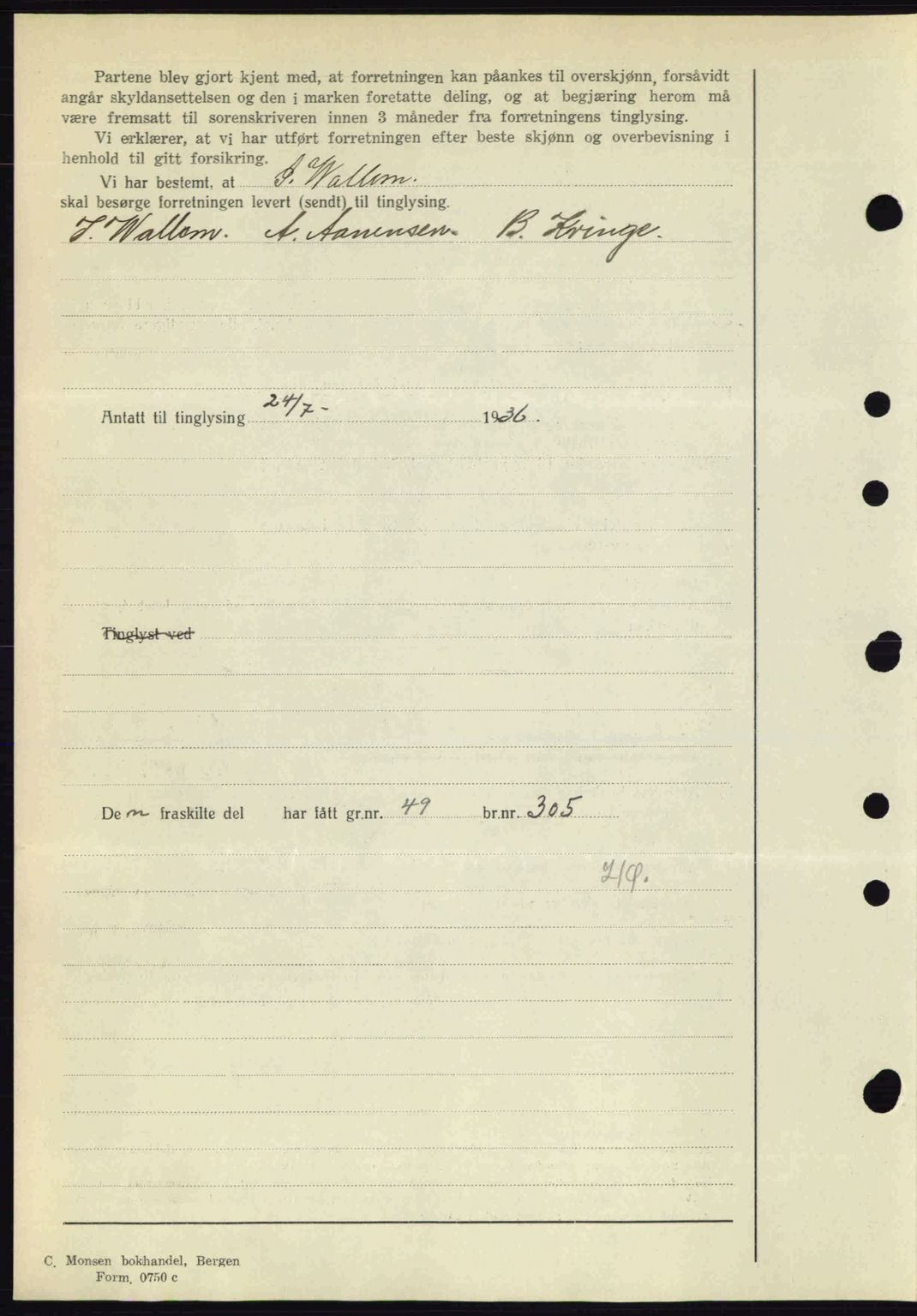 Midhordland sorenskriveri, SAB/A-3001/1/G/Gb/Gbk/L0001: Mortgage book no. A1-6, 1936-1937, Diary no: : 2633/1936