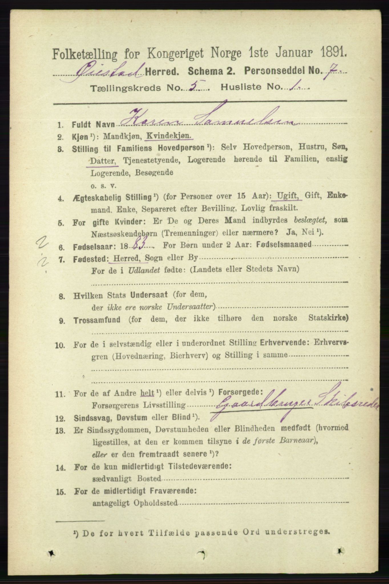 RA, 1891 census for 0920 Øyestad, 1891, p. 1816