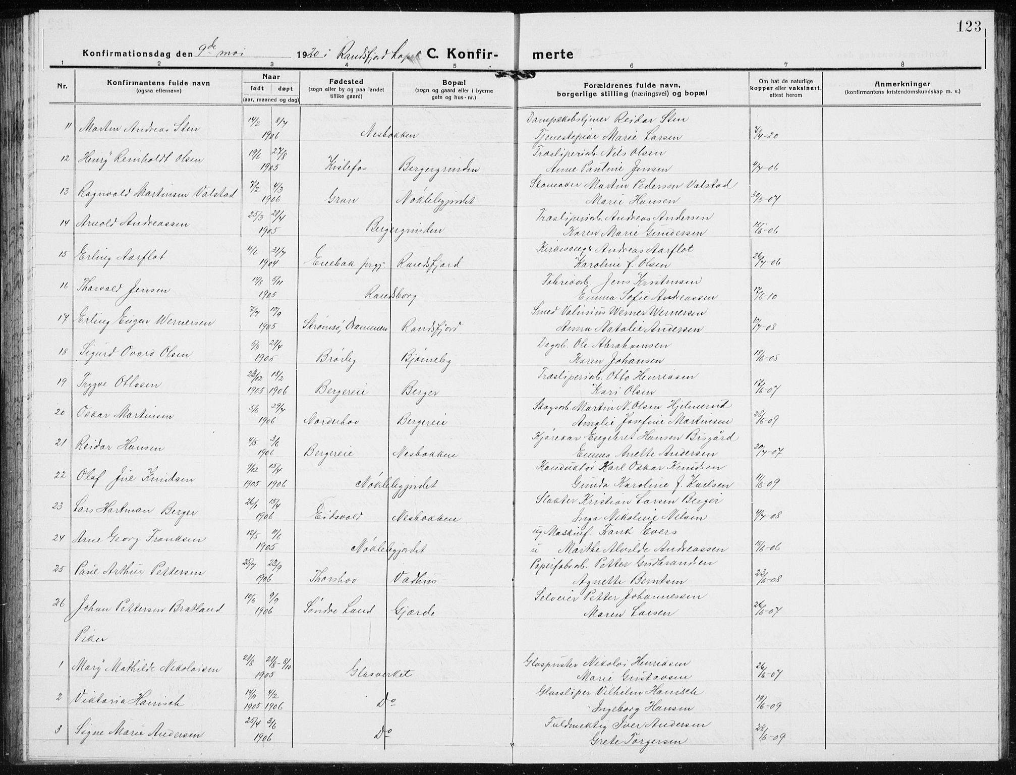 Jevnaker prestekontor, AV/SAH-PREST-116/H/Ha/Hab/L0005: Parish register (copy) no. 5, 1919-1934, p. 123