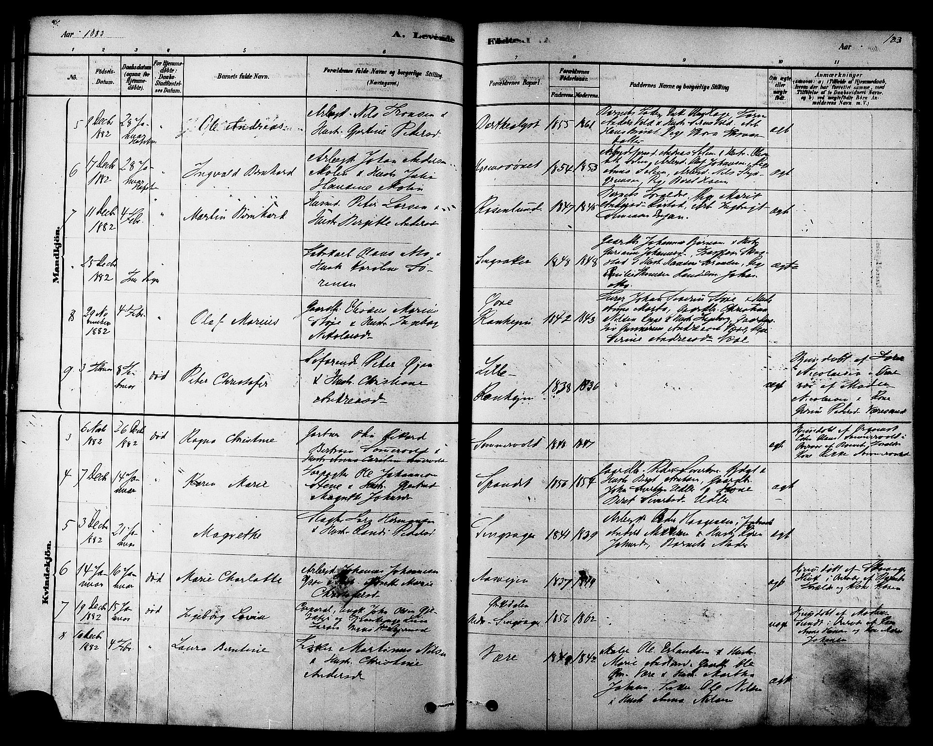 Ministerialprotokoller, klokkerbøker og fødselsregistre - Sør-Trøndelag, SAT/A-1456/606/L0294: Parish register (official) no. 606A09, 1878-1886, p. 123