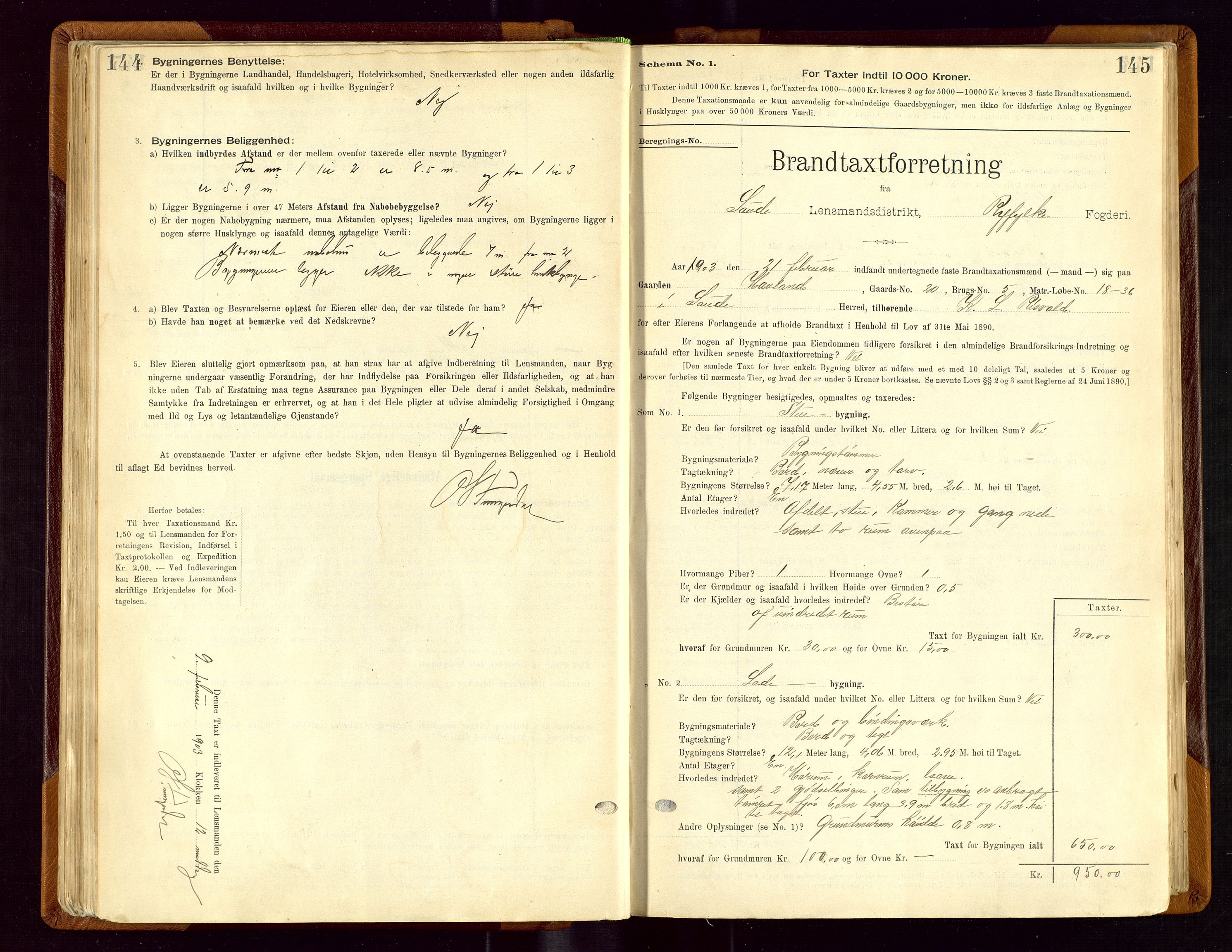 Sauda lensmannskontor, SAST/A-100177/Gob/L0001: Branntakstprotokoll - skjematakst, 1894-1914, p. 144-145