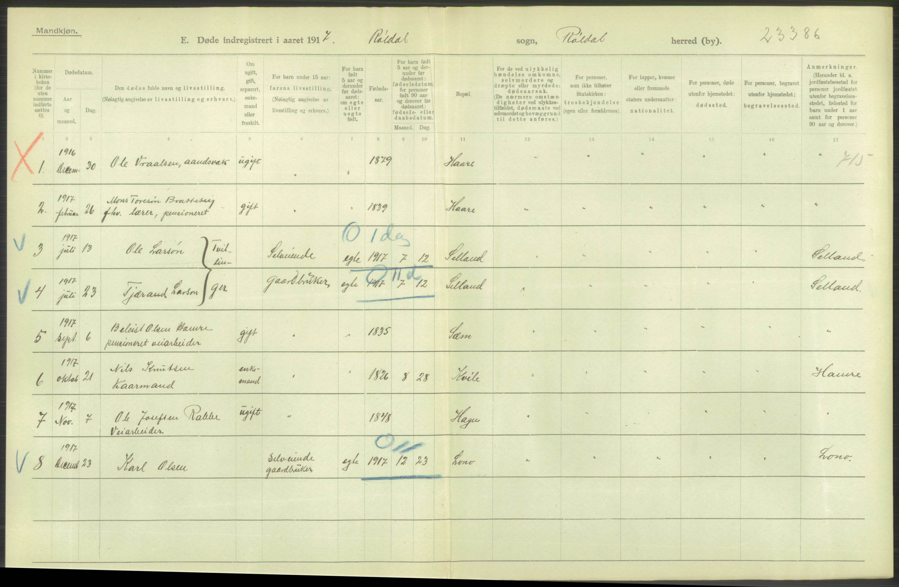 Statistisk sentralbyrå, Sosiodemografiske emner, Befolkning, RA/S-2228/D/Df/Dfb/Dfbg/L0036: S. Bergenhus amt: Døde, dødfødte. Bygder., 1917, p. 610