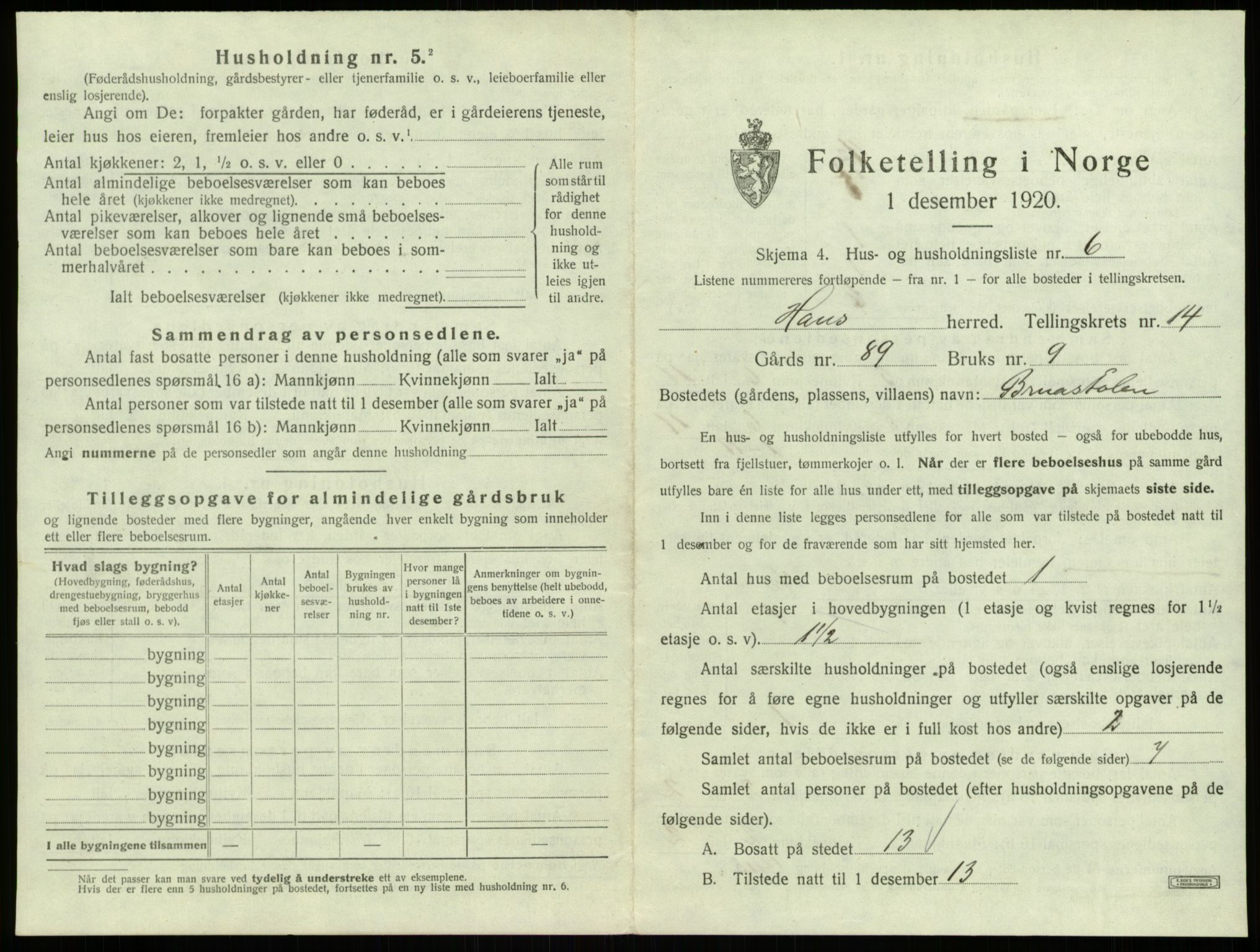 SAB, 1920 census for Haus, 1920, p. 1146