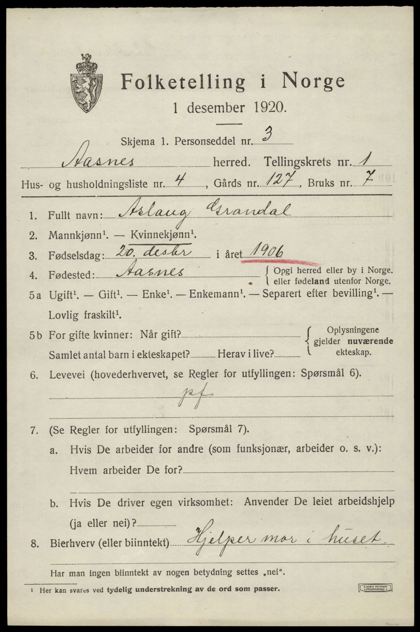 SAH, 1920 census for Åsnes, 1920, p. 2190