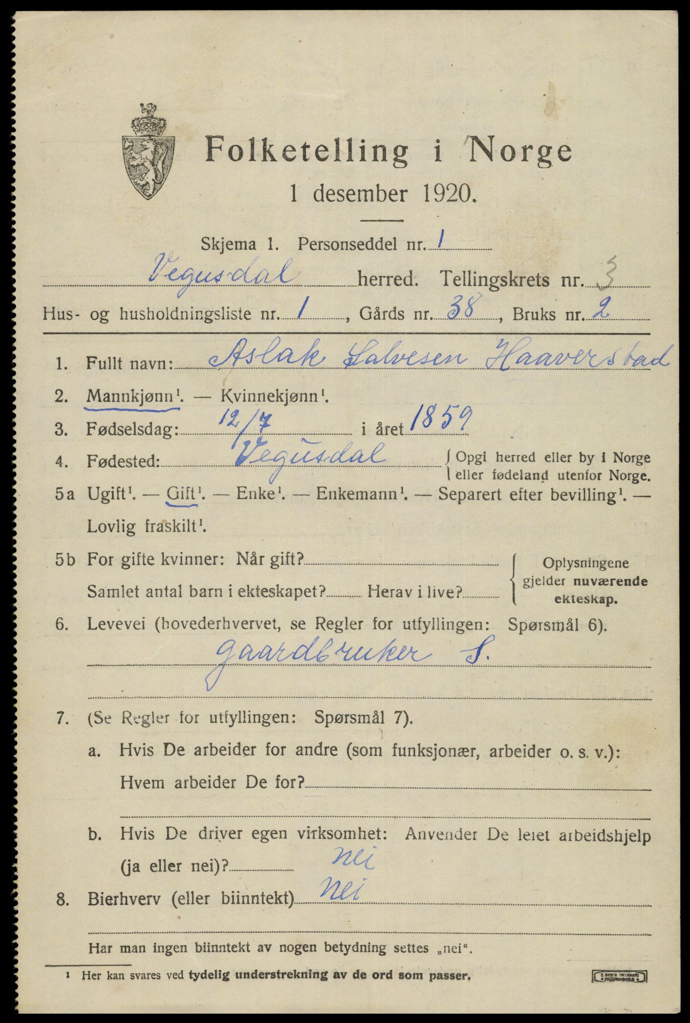 SAK, 1920 census for Vegusdal, 1920, p. 771