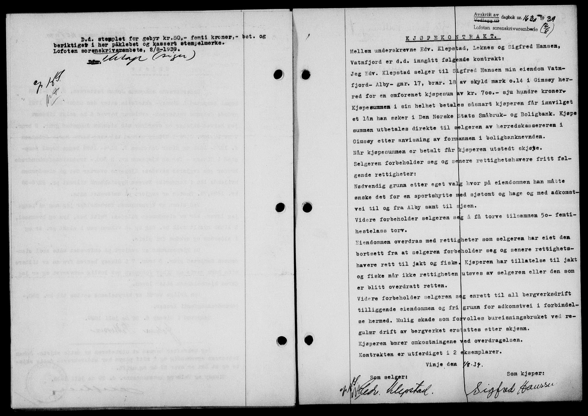 Lofoten sorenskriveri, SAT/A-0017/1/2/2C/L0006a: Mortgage book no. 6a, 1939-1939, Diary no: : 1630/1939