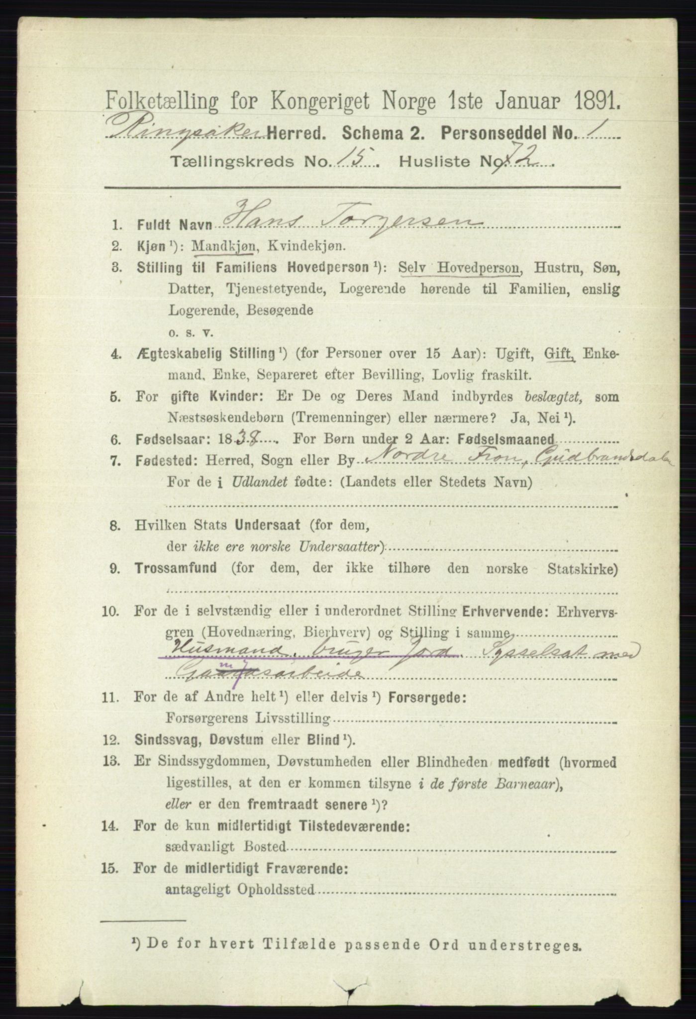 RA, 1891 census for 0412 Ringsaker, 1891, p. 8921