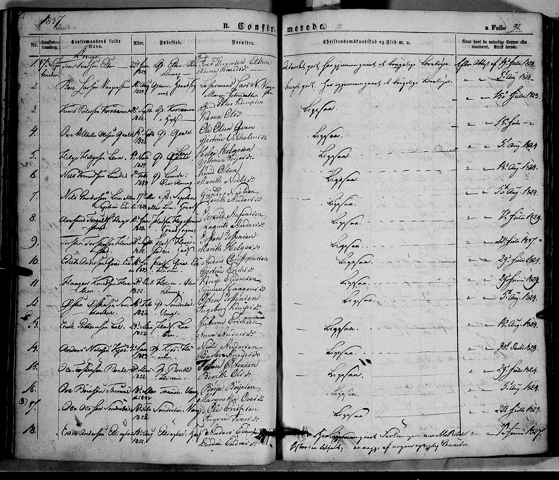 Vang prestekontor, Valdres, SAH/PREST-140/H/Ha/L0005: Parish register (official) no. 5, 1831-1845, p. 92