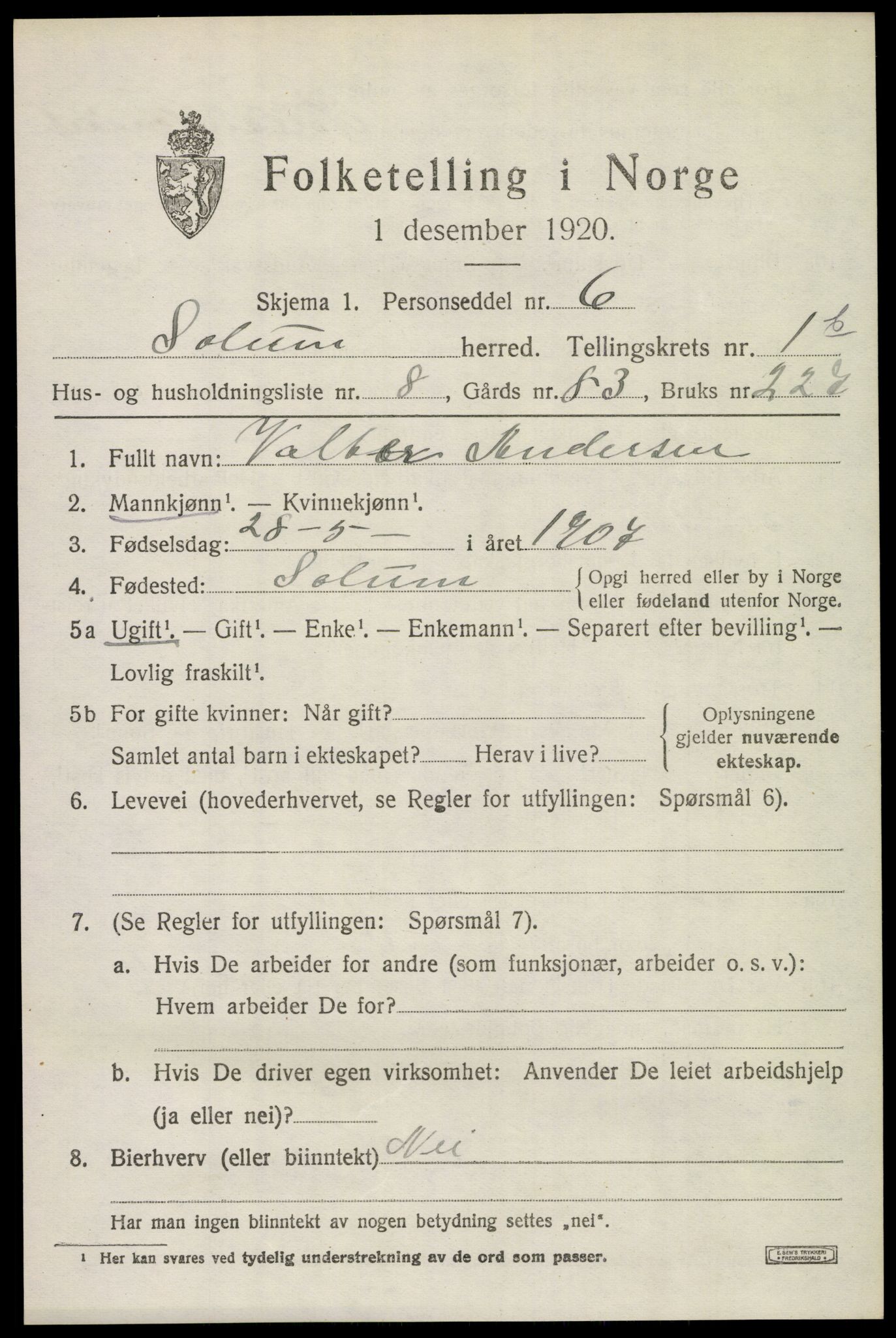 SAKO, 1920 census for Solum, 1920, p. 4224