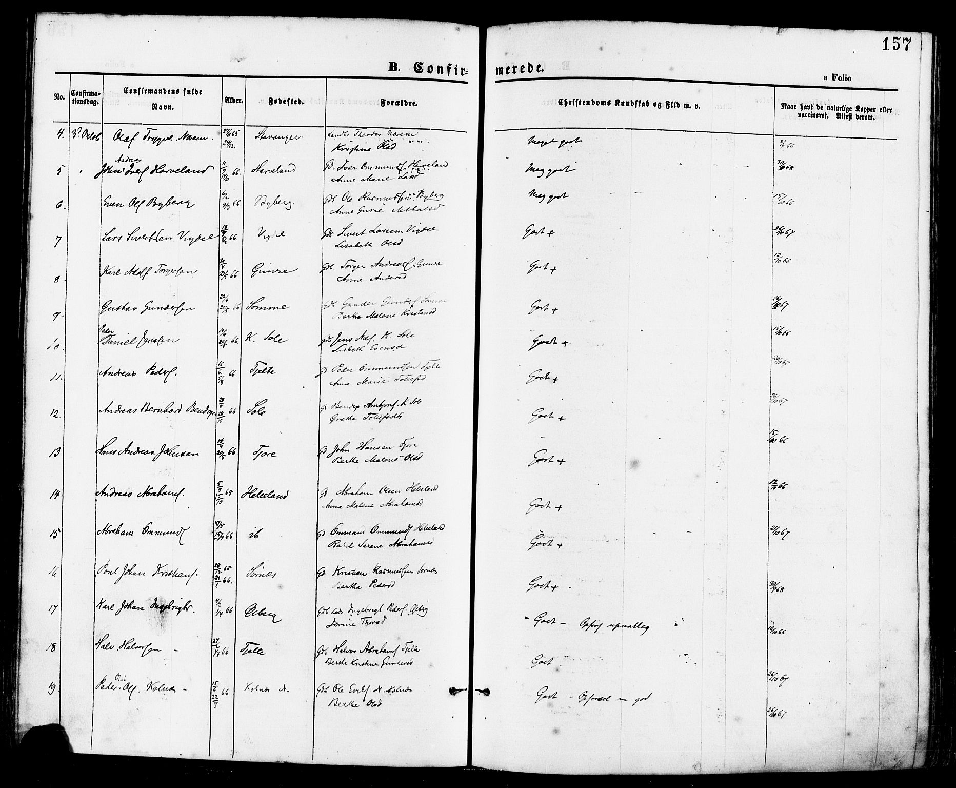 Håland sokneprestkontor, AV/SAST-A-101802/001/30BA/L0009: Parish register (official) no. A 8, 1871-1882, p. 157