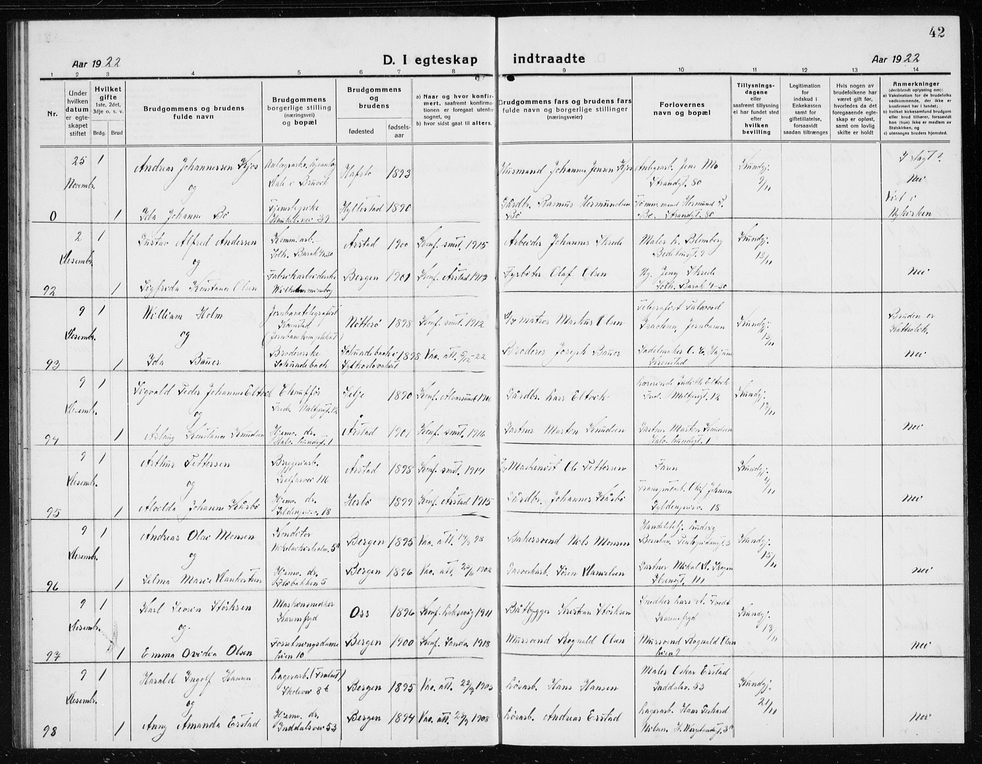 Årstad Sokneprestembete, AV/SAB-A-79301/H/Hab/L0020: Parish register (copy) no. C  2, 1920-1935, p. 42