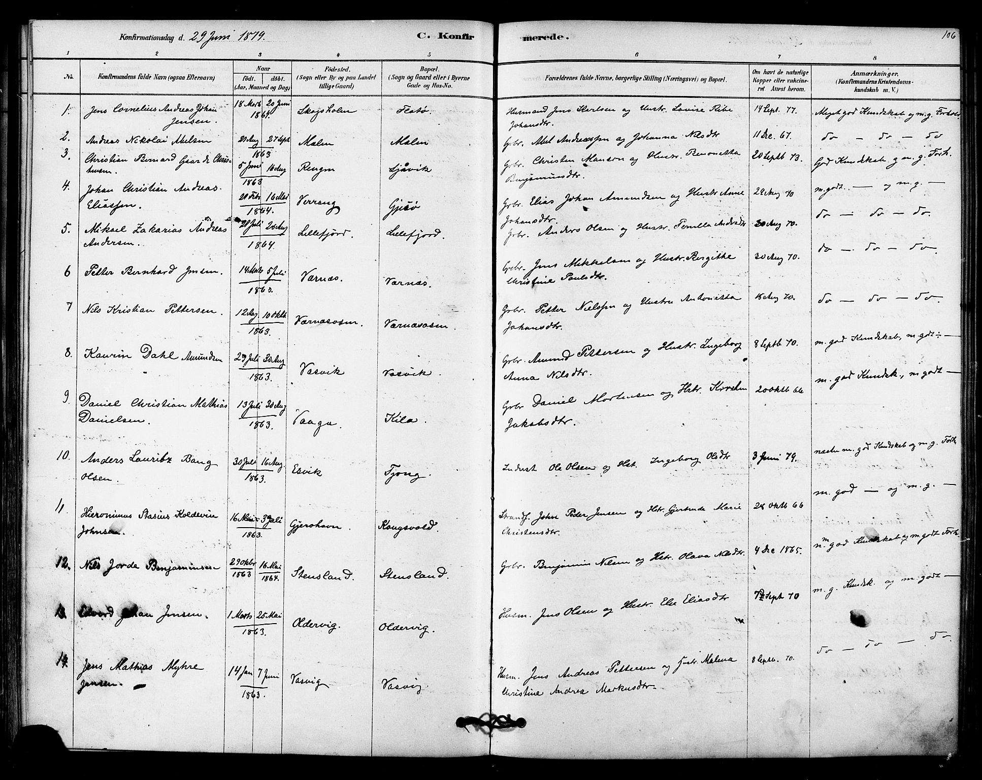 Ministerialprotokoller, klokkerbøker og fødselsregistre - Nordland, SAT/A-1459/841/L0609: Parish register (official) no. 841A12, 1878-1901, p. 106