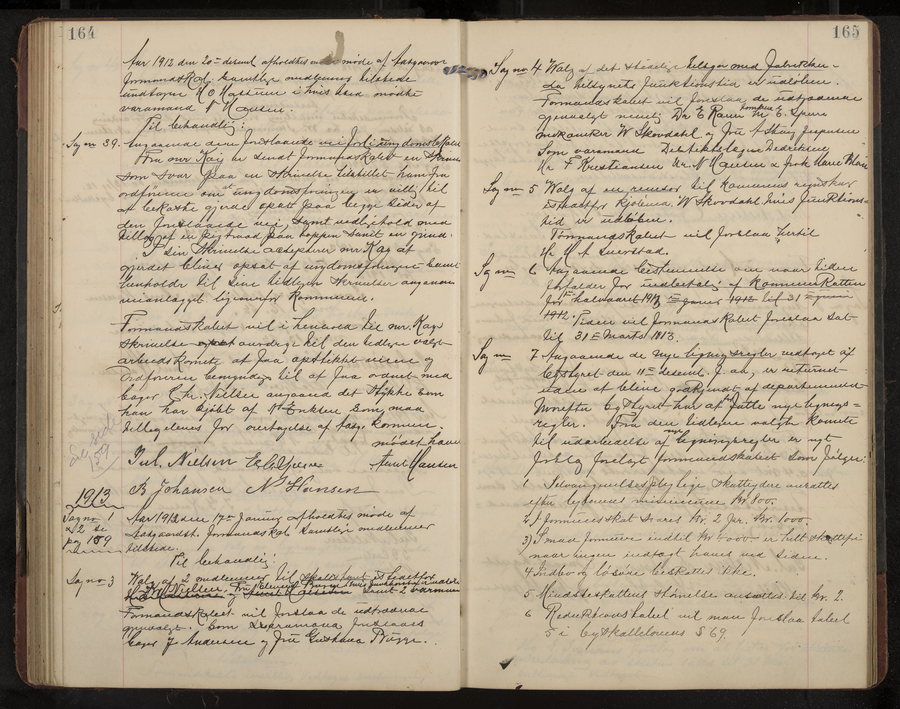 Åsgårdstrand formannskap og sentraladministrasjon, IKAK/0704021/A/L0004: Møtebok med register, 1908-1915, p. 164-165