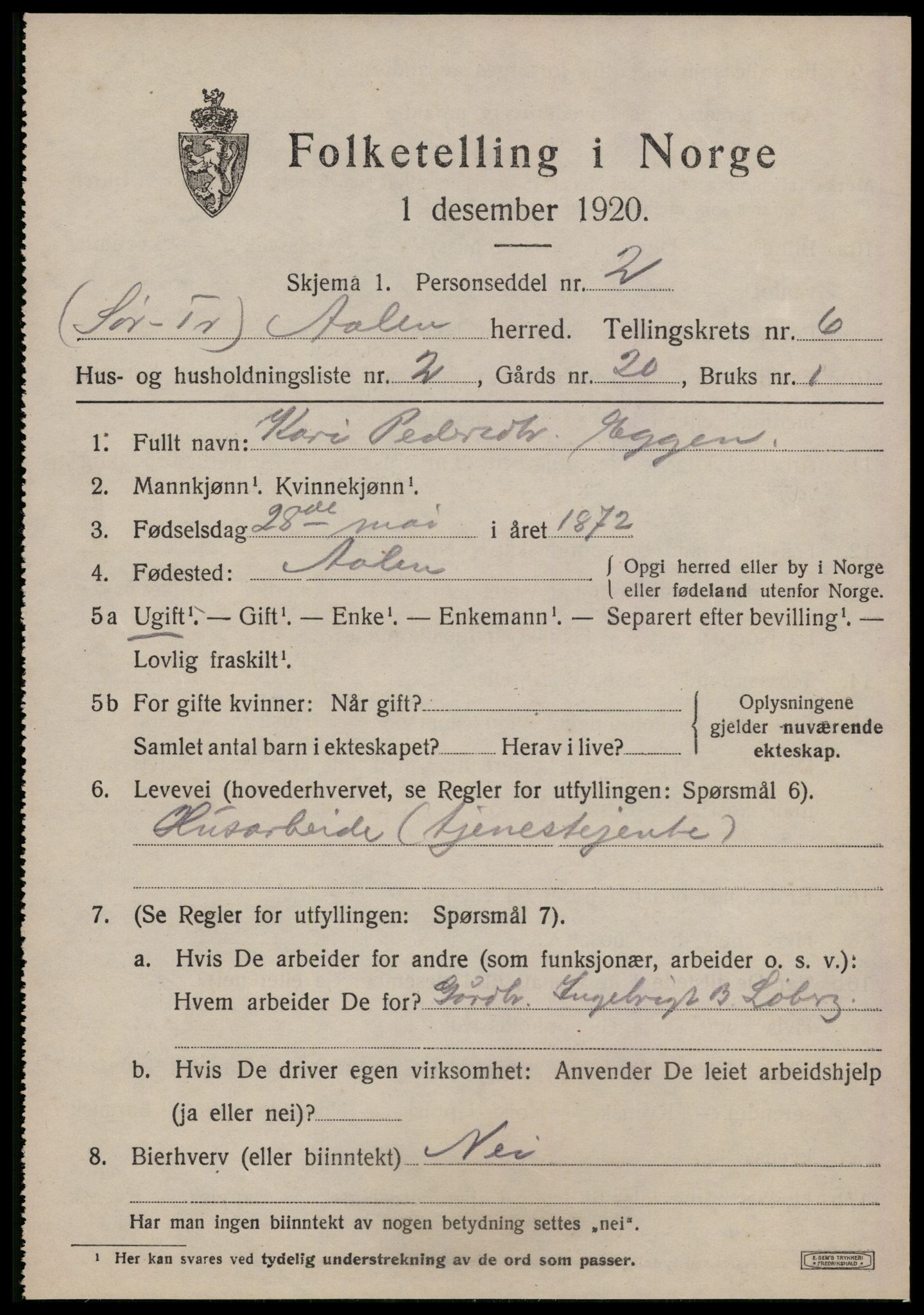 SAT, 1920 census for Ålen, 1920, p. 2932