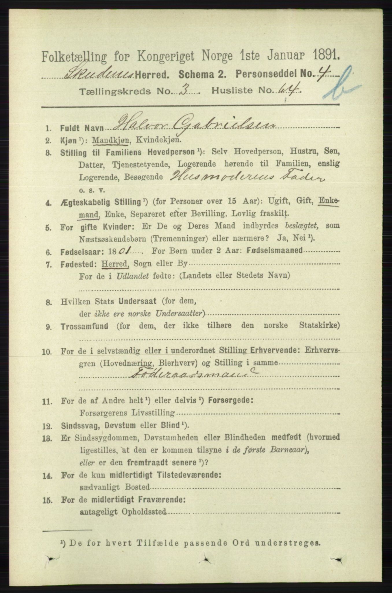 RA, 1891 census for 1150 Skudenes, 1891, p. 4337