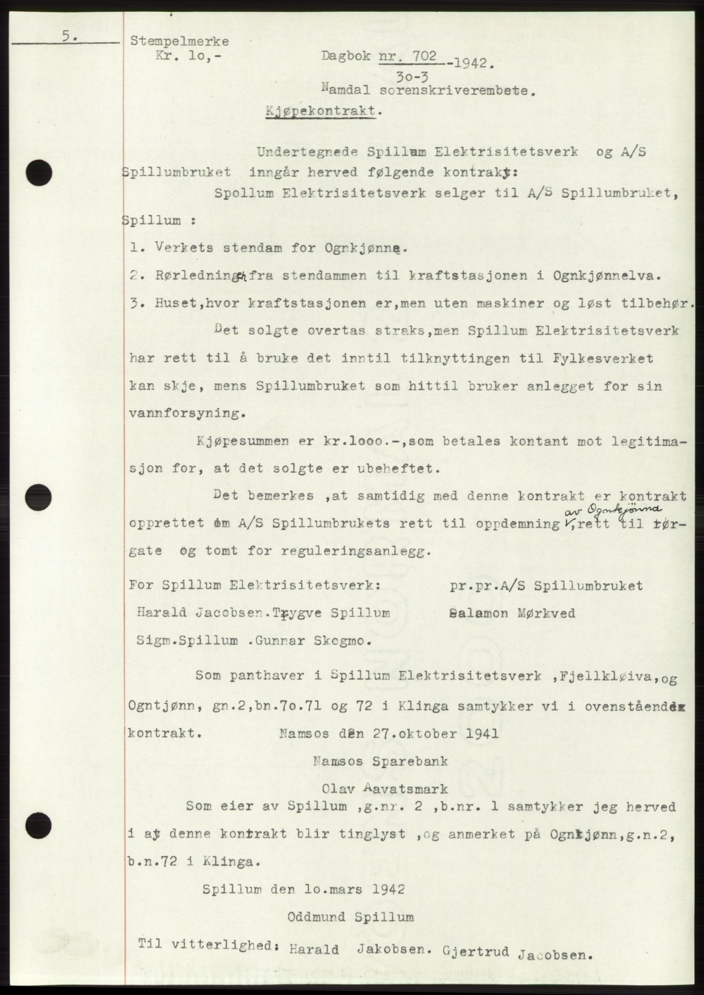 Namdal sorenskriveri, SAT/A-4133/1/2/2C: Mortgage book no. -, 1941-1942, Diary no: : 702/1942