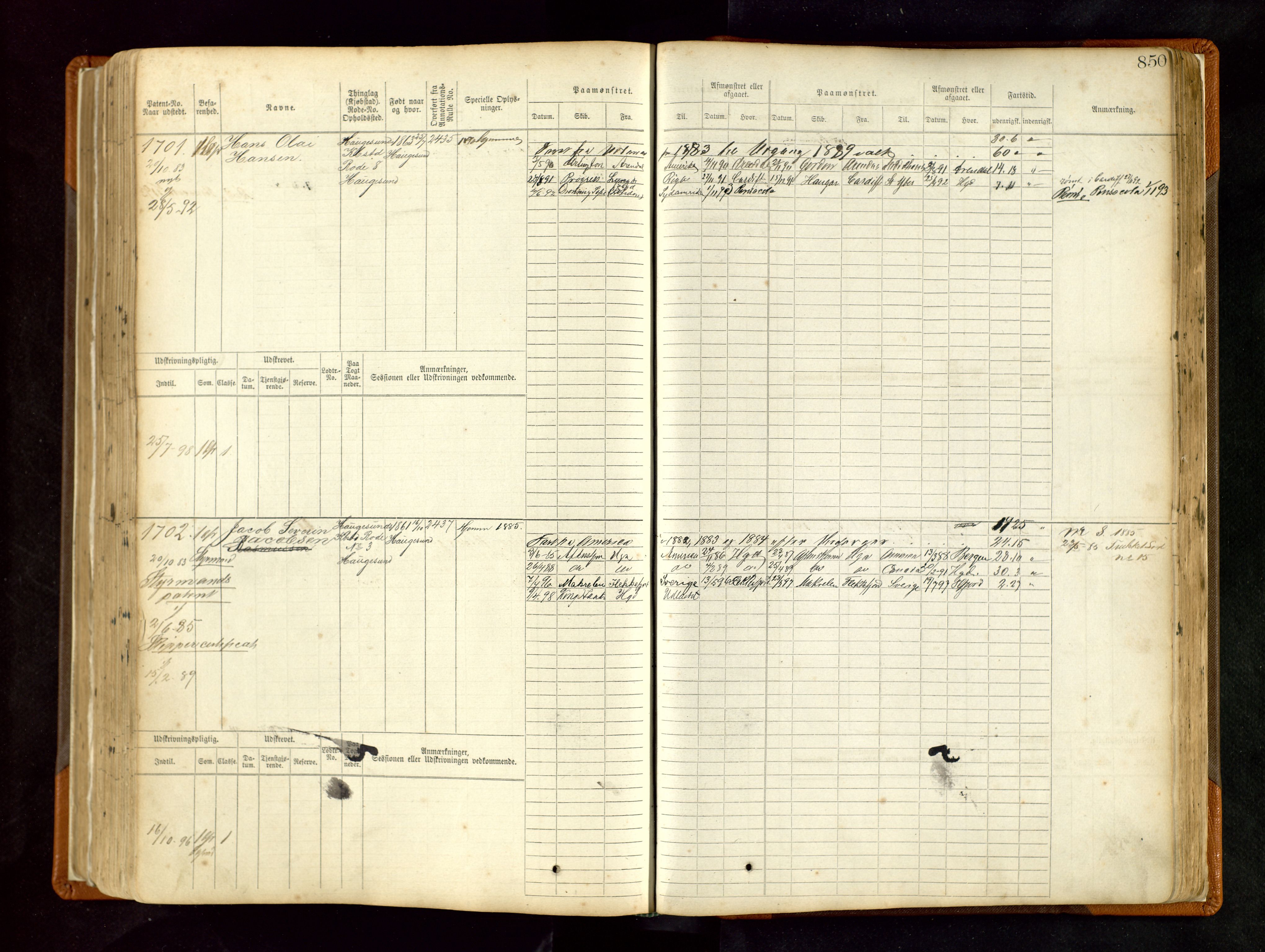 Haugesund sjømannskontor, AV/SAST-A-102007/F/Fb/Fbb/L0004: Sjøfartsrulle Haugesund krets nr. 1-1922, 1868-1948, p. 850