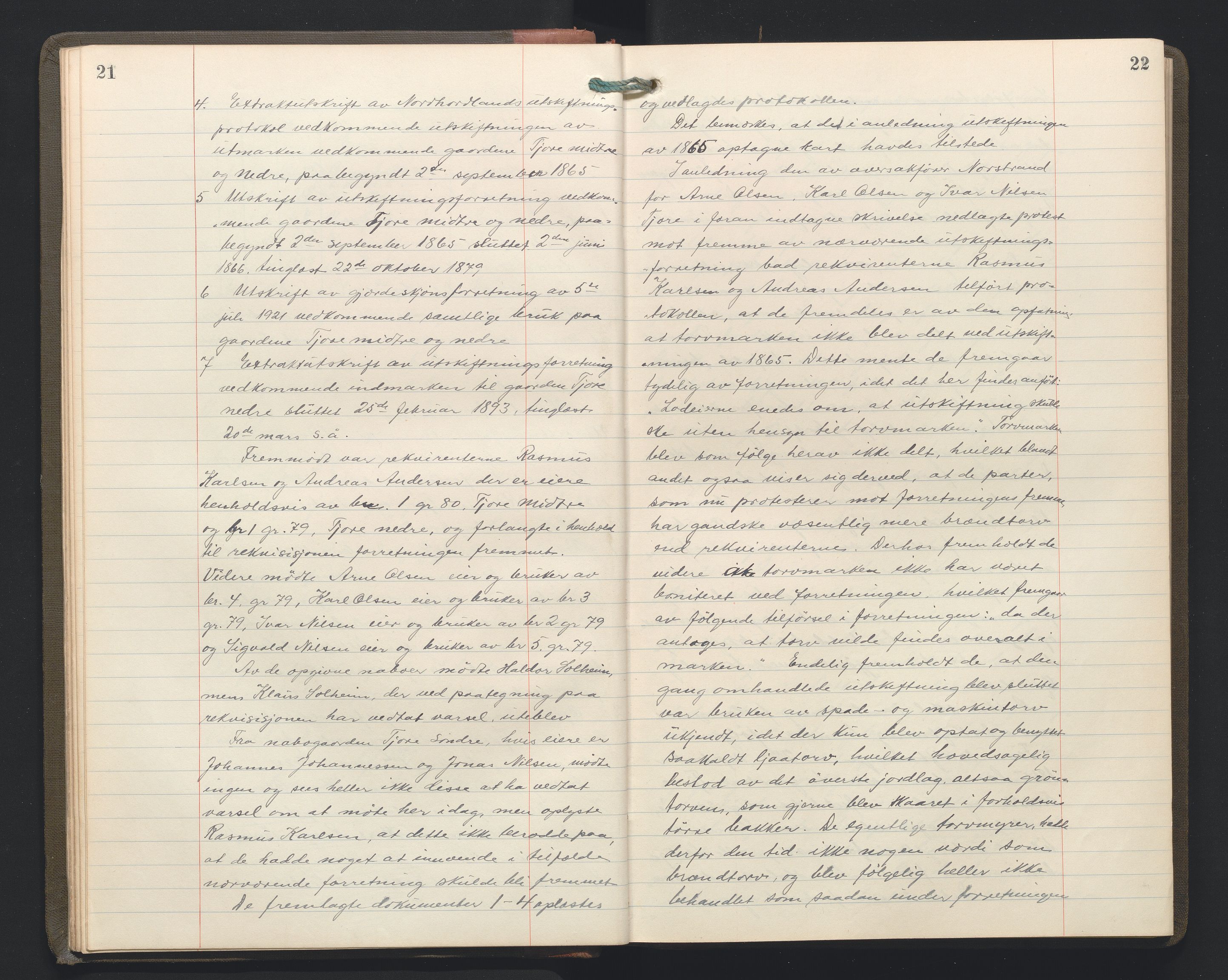 Hordaland jordskiftedøme - II Ytre Nordhordland jordskiftedistrikt, AV/SAB-A-6901/A/Aa/L0034: Forhandlingsprotokoll, 1923-1925, p. 21-22