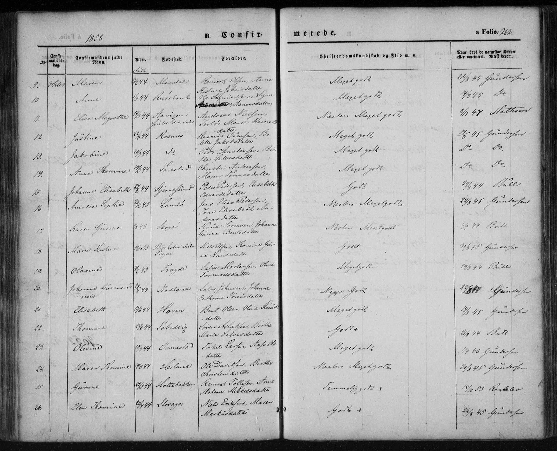 Mandal sokneprestkontor, AV/SAK-1111-0030/F/Fa/Faa/L0013: Parish register (official) no. A 13, 1847-1859, p. 262