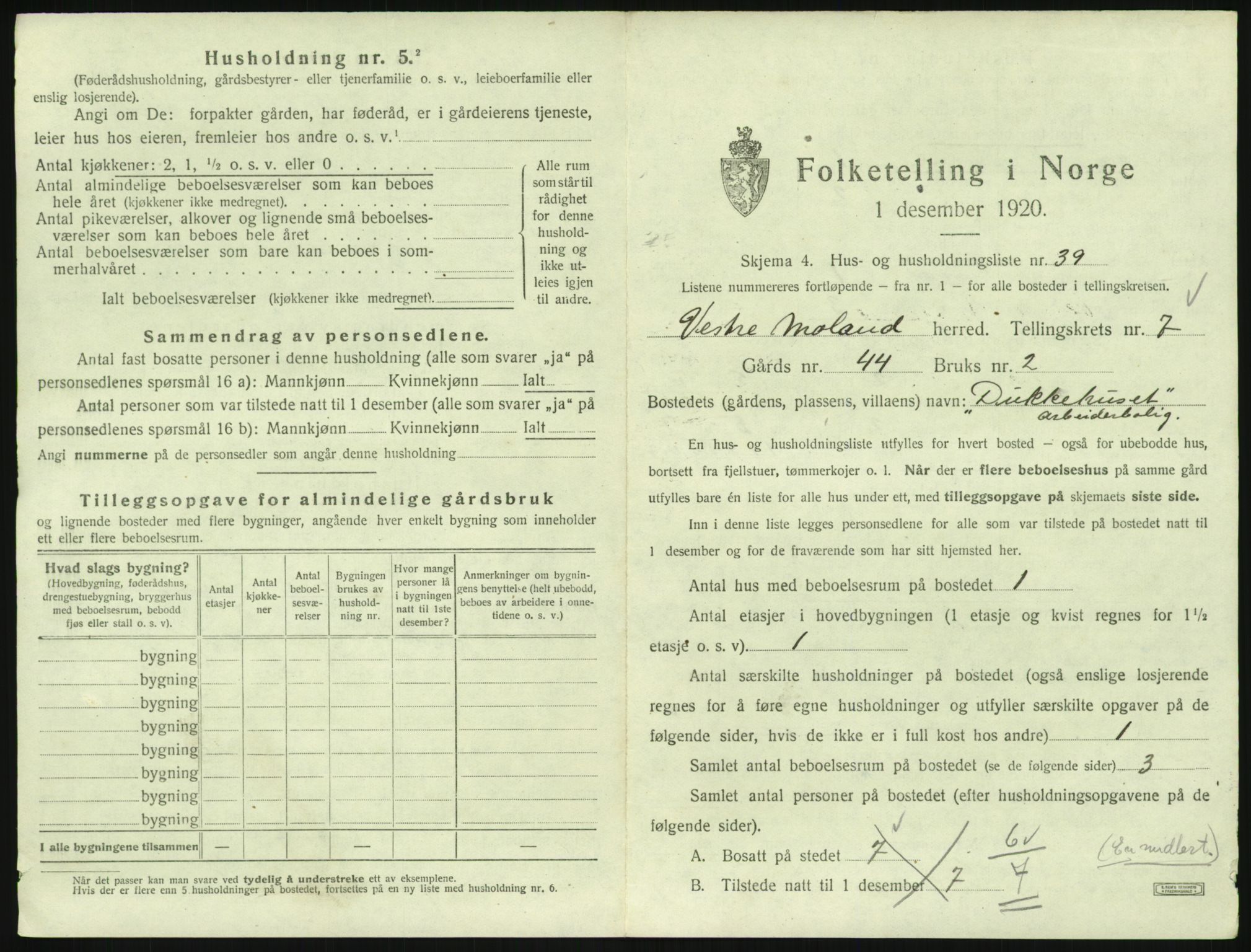 SAK, 1920 census for Vestre Moland, 1920, p. 943