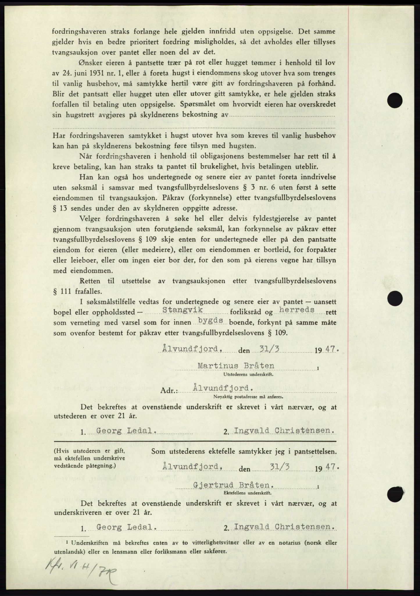 Nordmøre sorenskriveri, AV/SAT-A-4132/1/2/2Ca: Mortgage book no. B96, 1947-1947, Diary no: : 835/1947