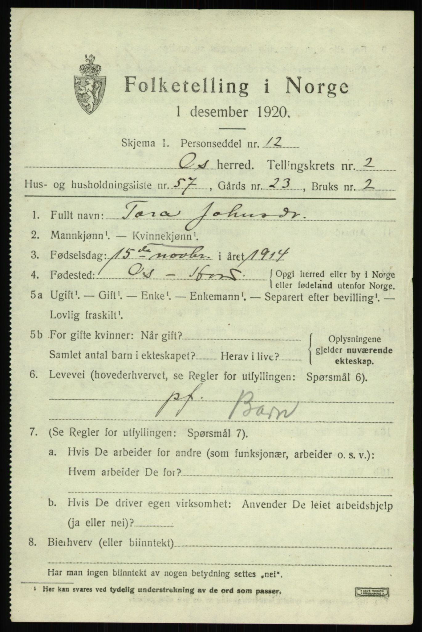 SAB, 1920 census for Os, 1920, p. 2582