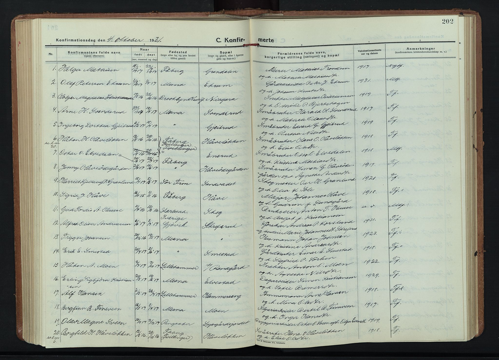 Fåberg prestekontor, AV/SAH-PREST-086/H/Ha/Hab/L0015: Parish register (copy) no. 15, 1924-1949, p. 202