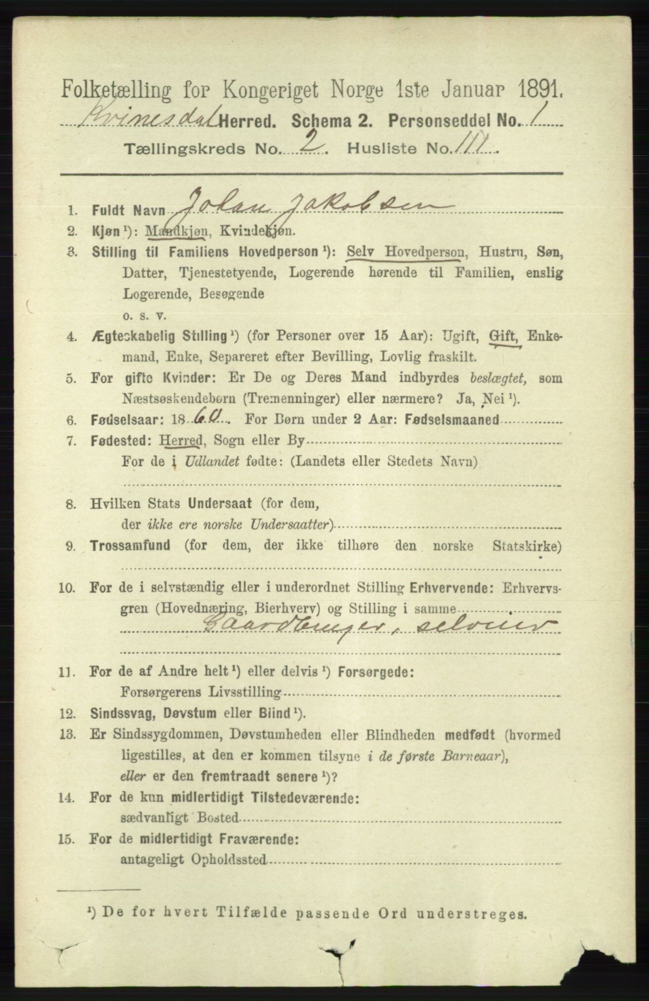 RA, 1891 census for 1037 Kvinesdal, 1891, p. 951