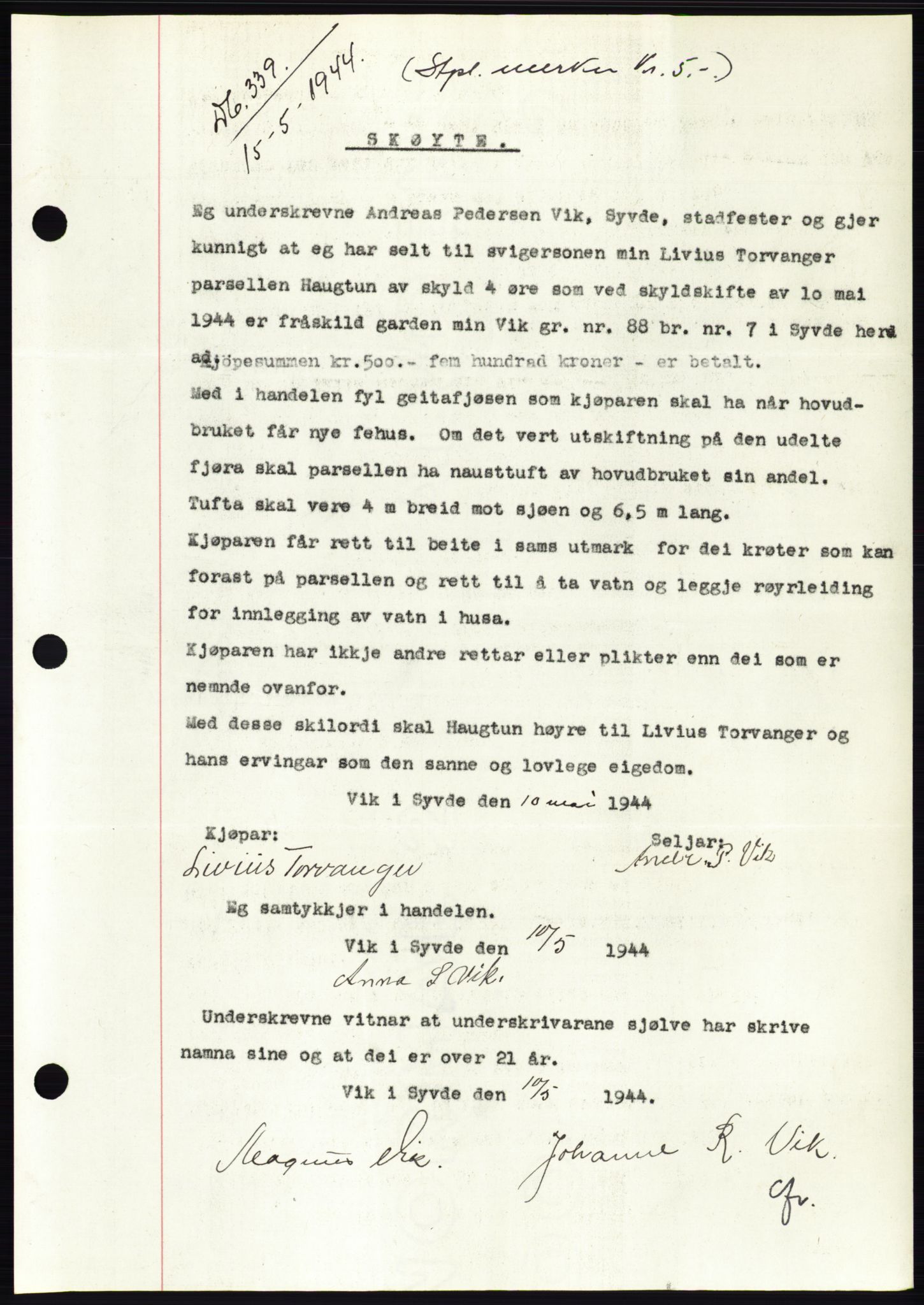 Søre Sunnmøre sorenskriveri, AV/SAT-A-4122/1/2/2C/L0076: Mortgage book no. 2A, 1943-1944, Diary no: : 339/1944