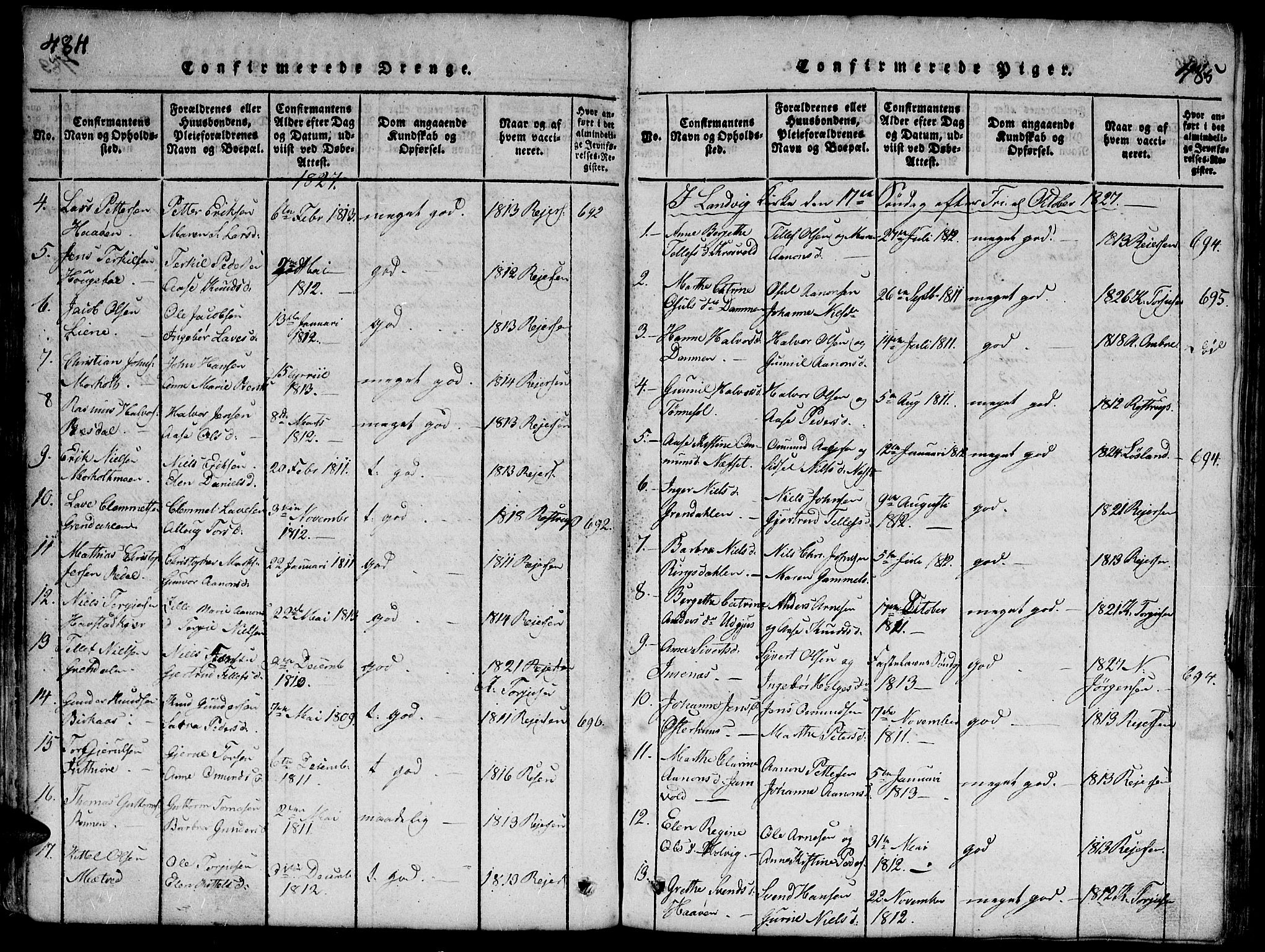 Hommedal sokneprestkontor, AV/SAK-1111-0023/F/Fb/Fbb/L0003: Parish register (copy) no. B 3 /1, 1816-1850, p. 484-485