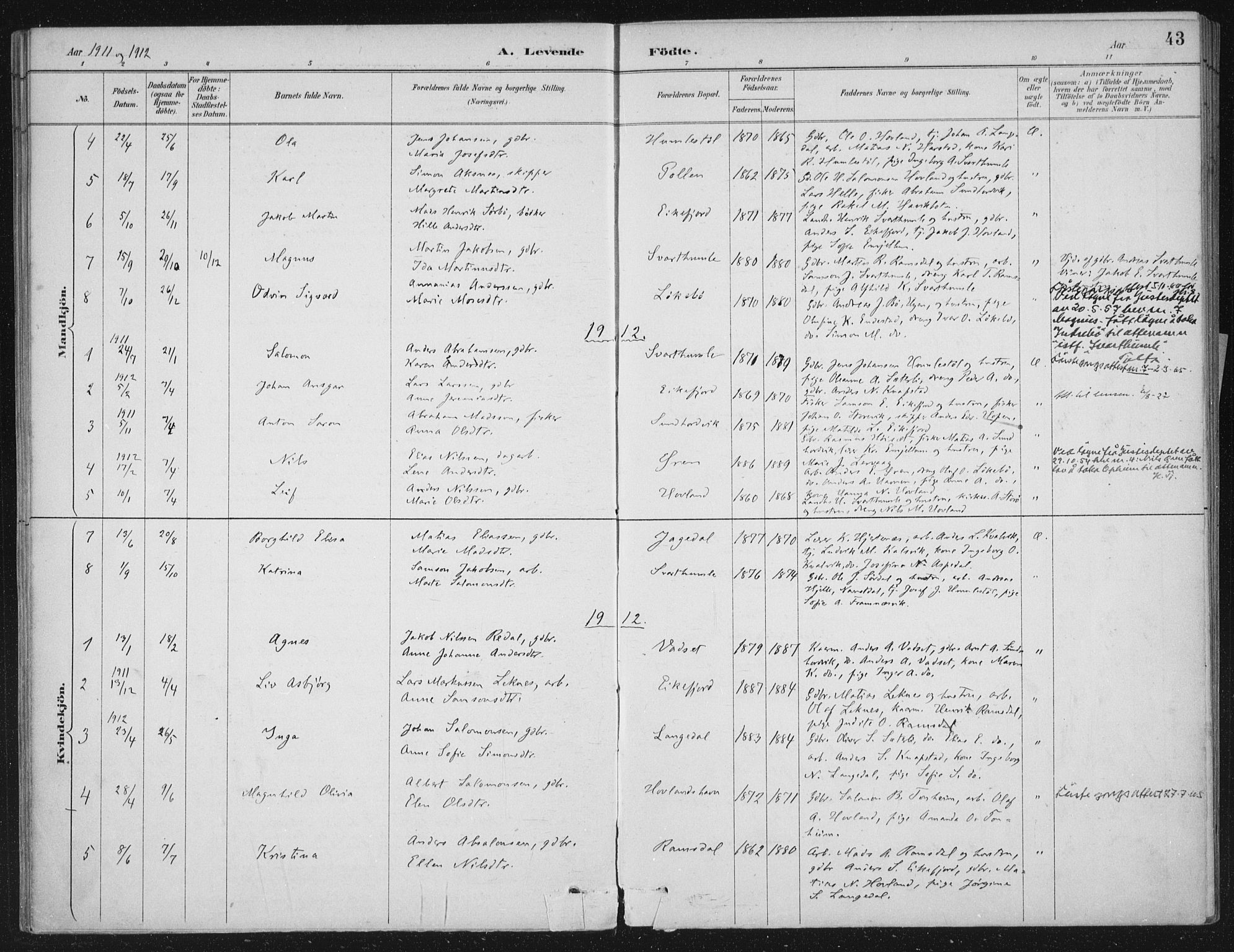 Kinn sokneprestembete, AV/SAB-A-80801/H/Haa/Haae/L0001: Parish register (official) no. E 1, 1890-1916, p. 43