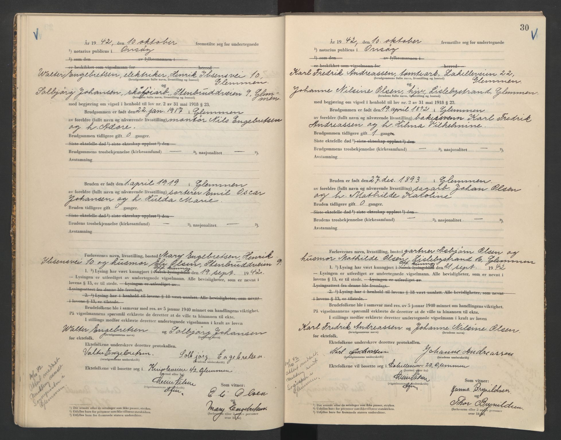 Onsøy sorenskriveri, AV/SAO-A-10474/L/La/L0002: Vigselsbok, 1942-1943, p. 30