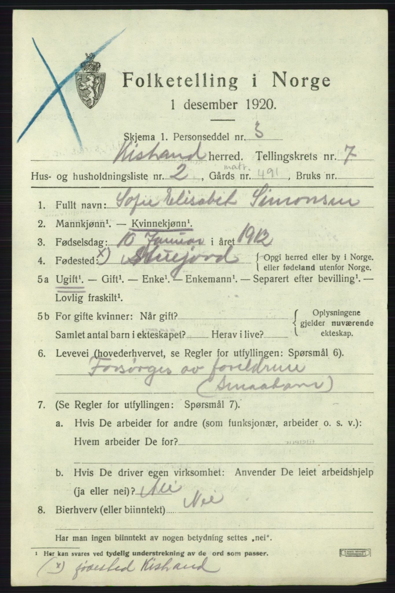 SATØ, 1920 census for Kistrand, 1920, p. 4260