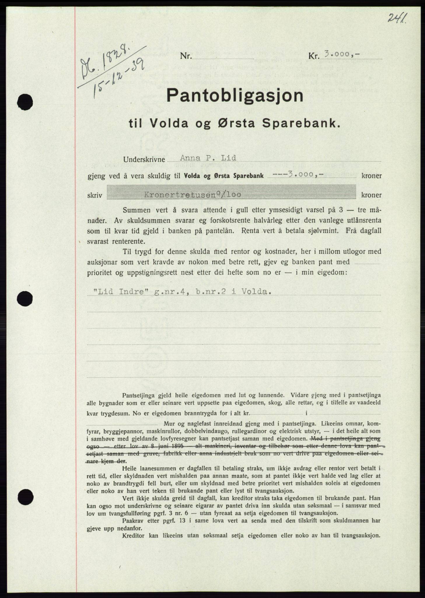 Søre Sunnmøre sorenskriveri, AV/SAT-A-4122/1/2/2C/L0069: Mortgage book no. 63, 1939-1940, Diary no: : 1828/1939