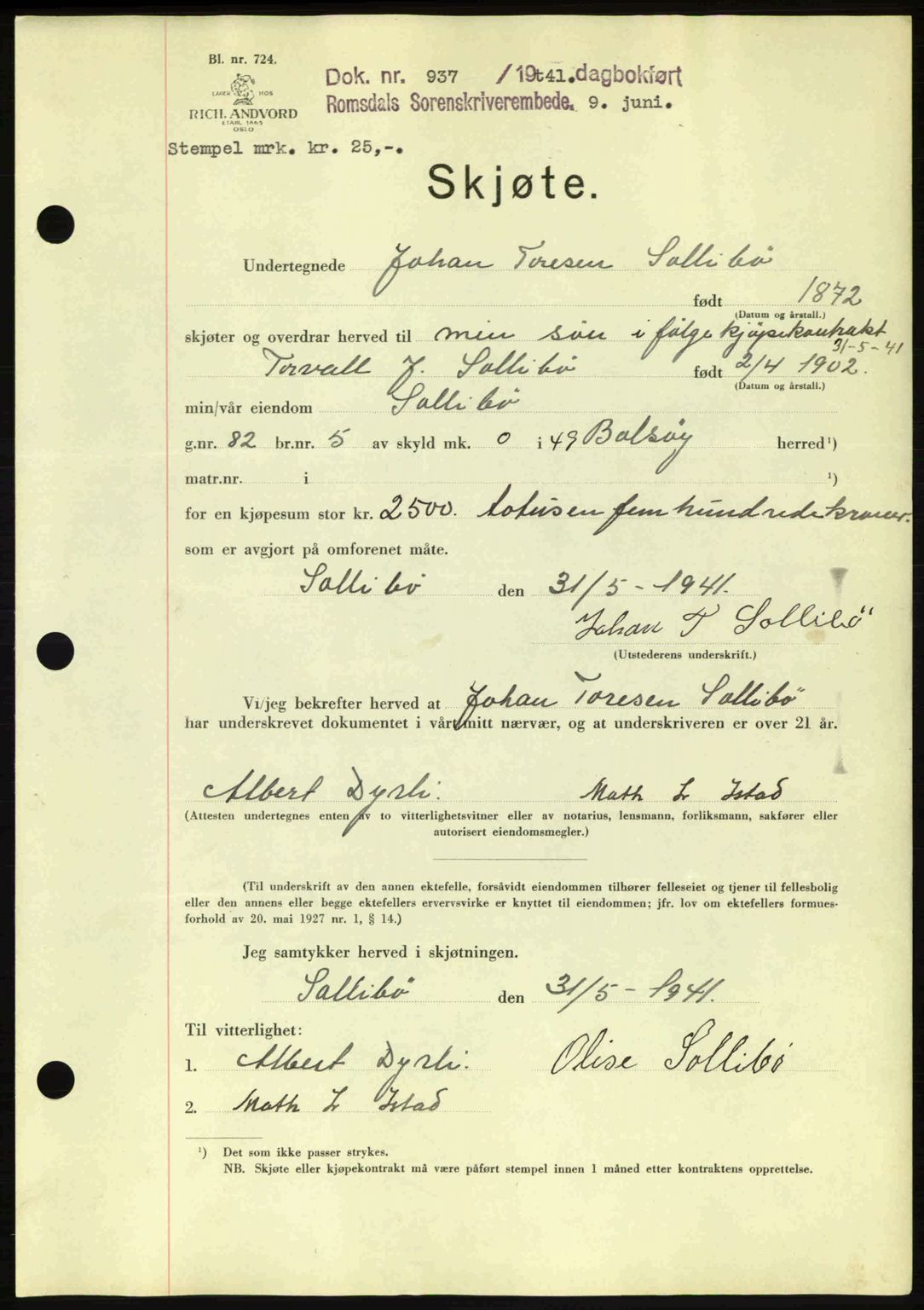 Romsdal sorenskriveri, AV/SAT-A-4149/1/2/2C: Mortgage book no. A10, 1941-1941, Diary no: : 937/1941