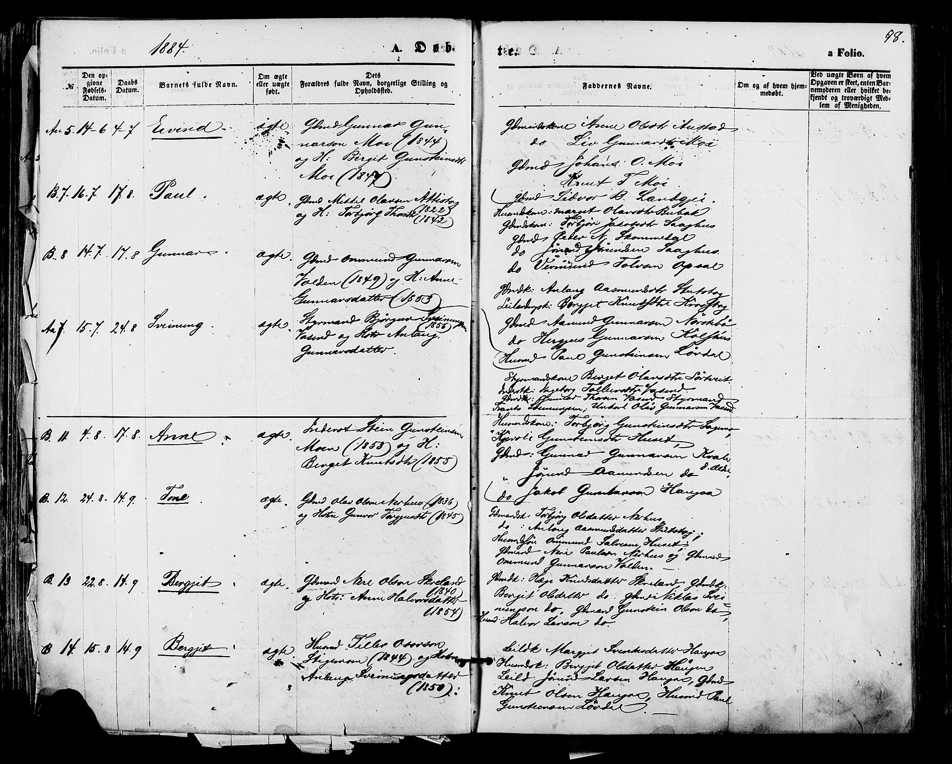Bygland sokneprestkontor, SAK/1111-0006/F/Fa/Fab/L0006: Parish register (official) no. A 6, 1873-1884, p. 98