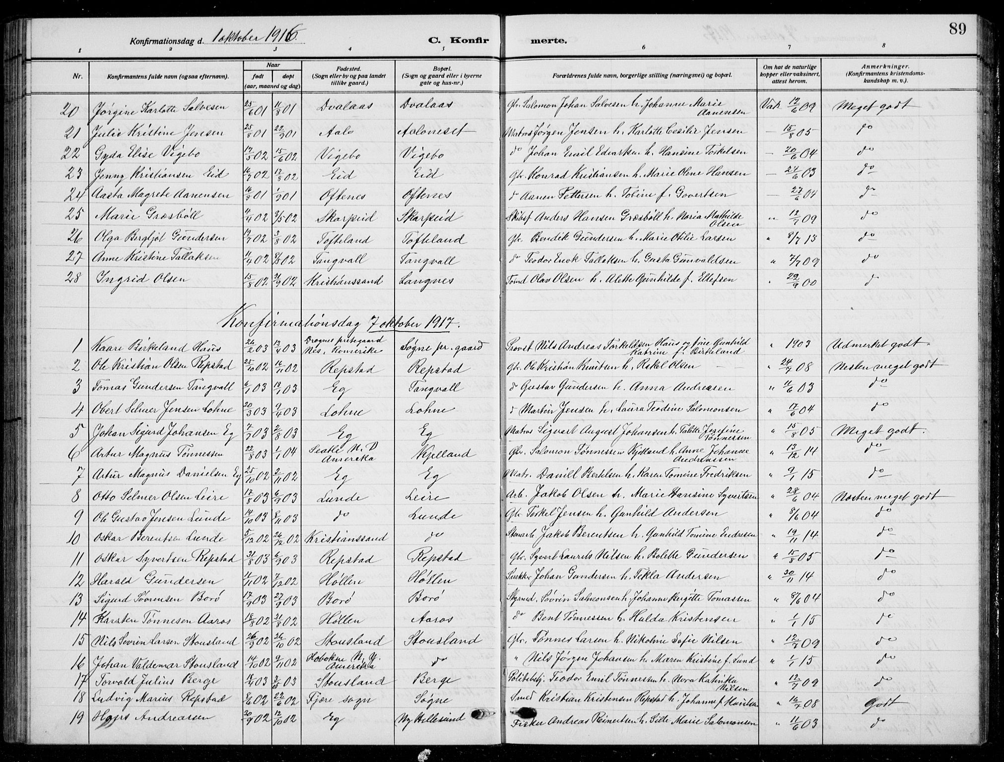 Søgne sokneprestkontor, AV/SAK-1111-0037/F/Fb/Fbb/L0007: Parish register (copy) no. B 7, 1912-1931, p. 89