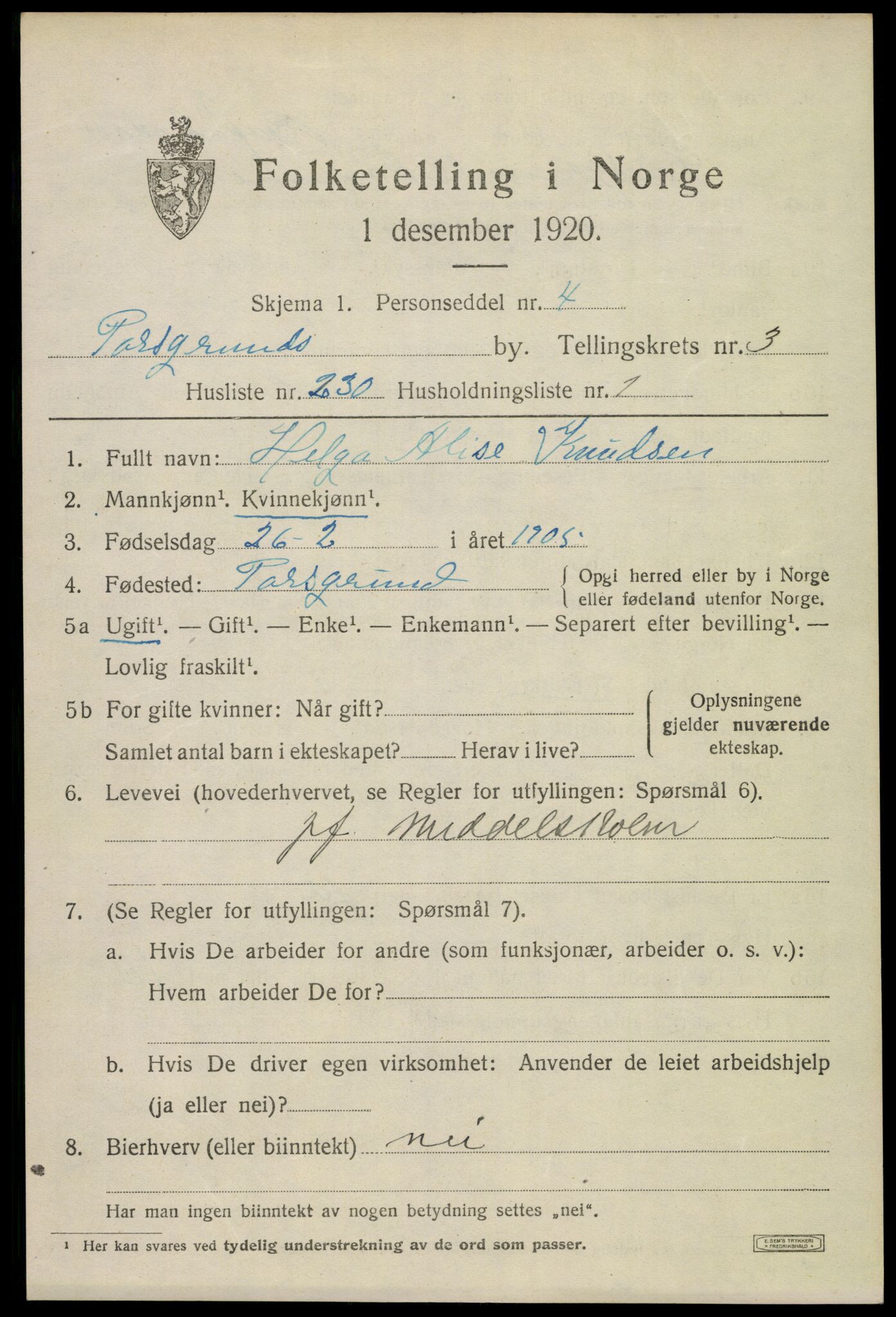 SAKO, 1920 census for Porsgrunn, 1920, p. 17337
