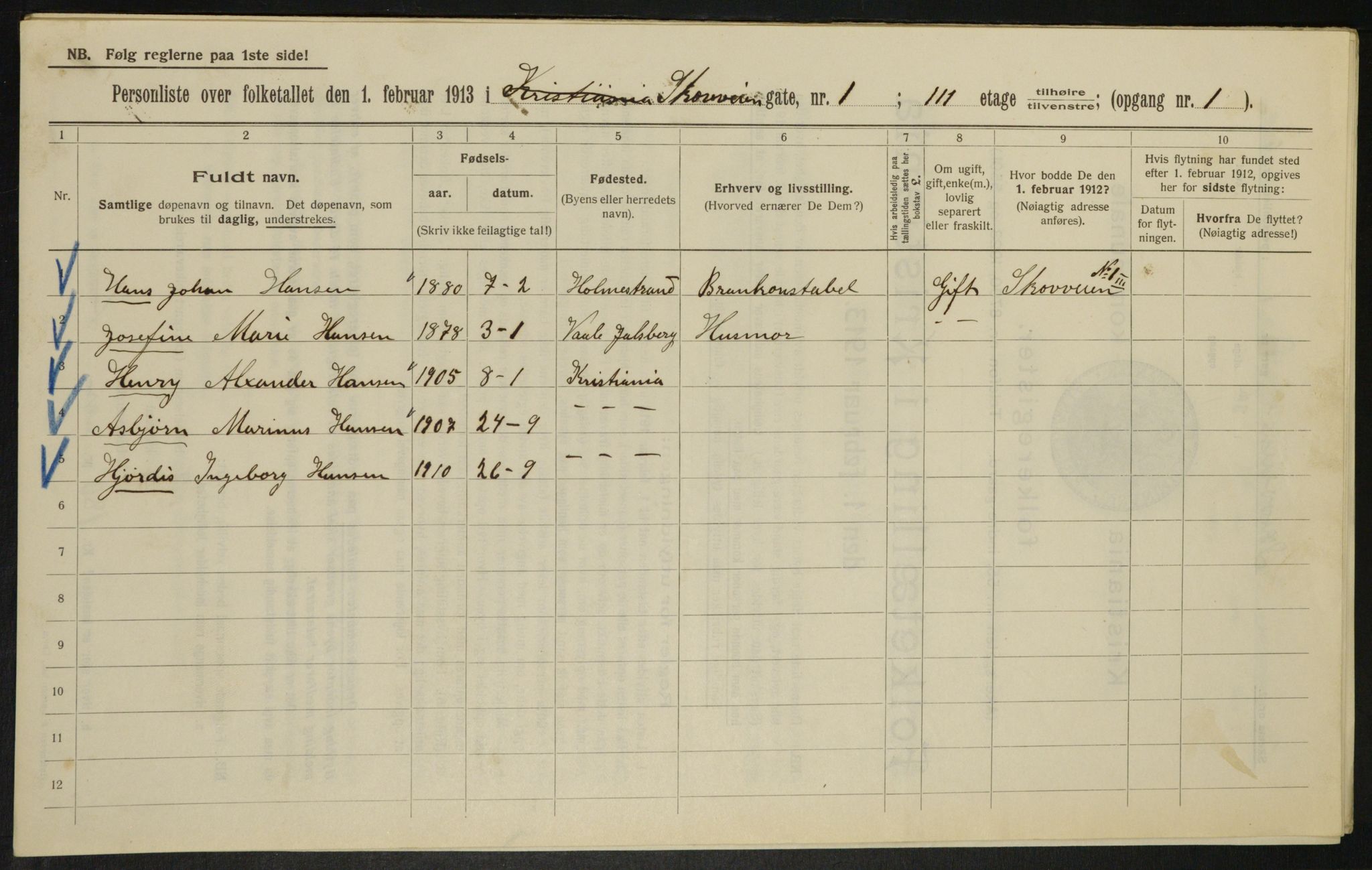 OBA, Municipal Census 1913 for Kristiania, 1913, p. 96403