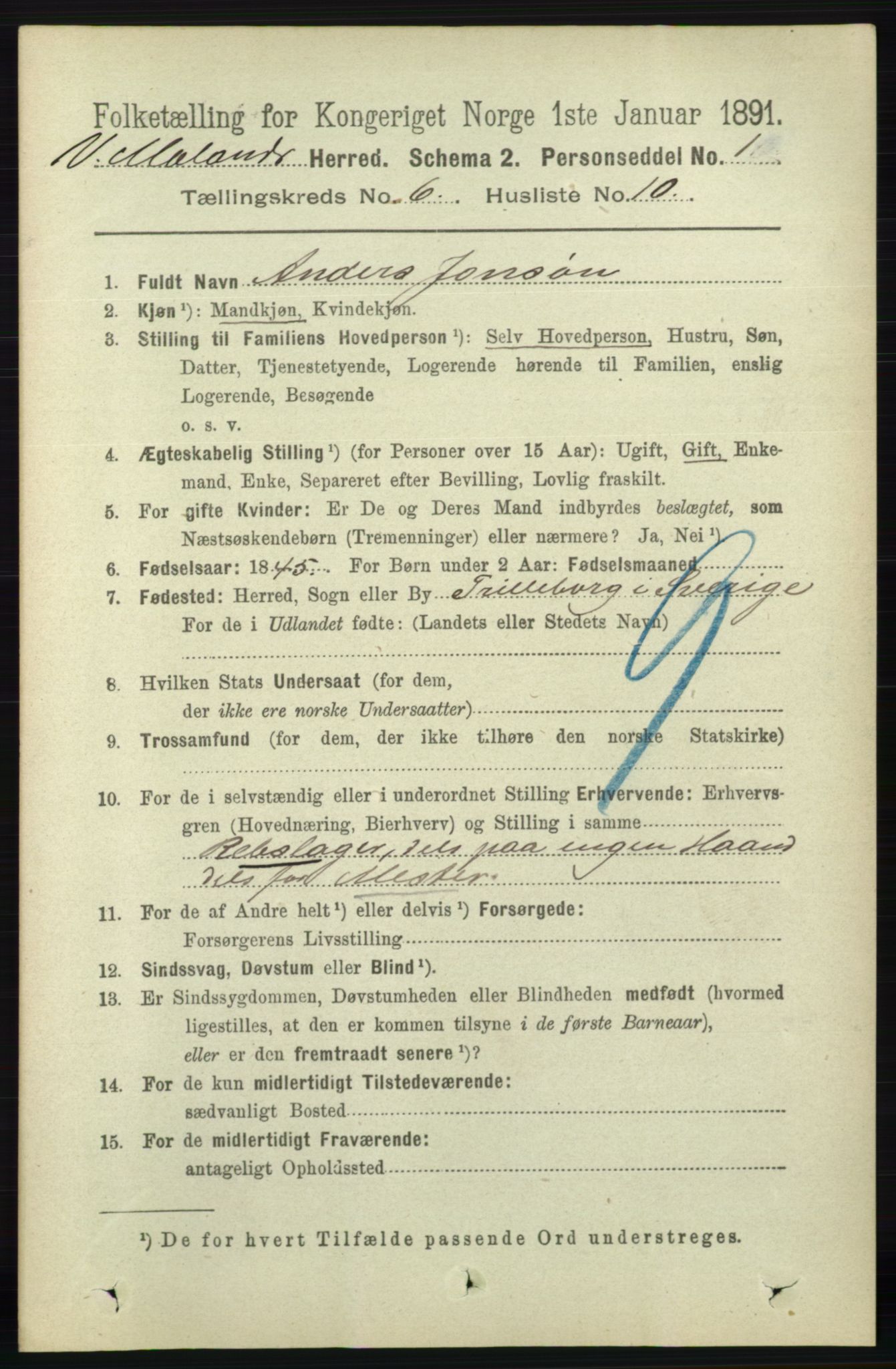 RA, 1891 census for 0926 Vestre Moland, 1891, p. 2390