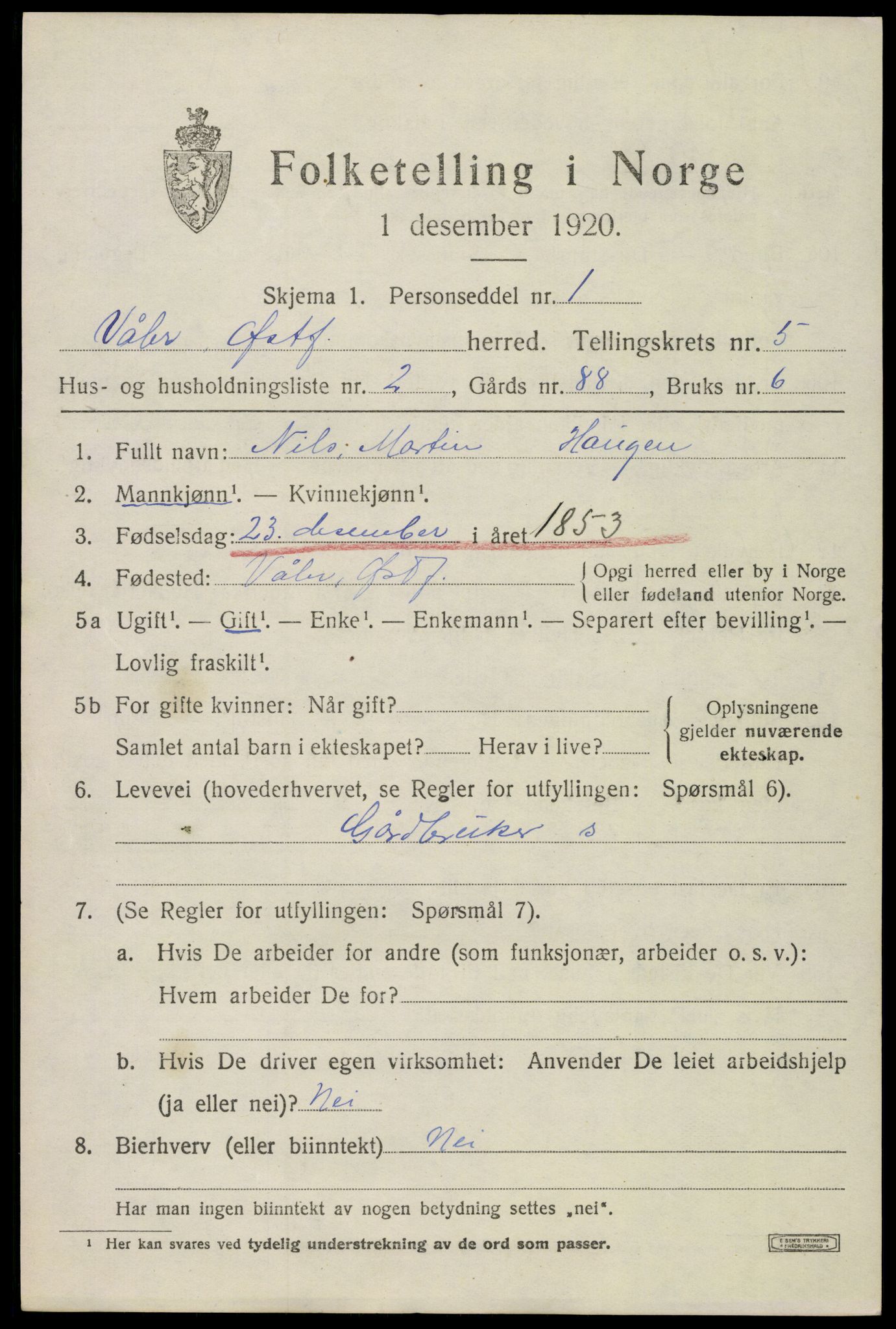 SAO, 1920 census for Våler, 1920, p. 2684