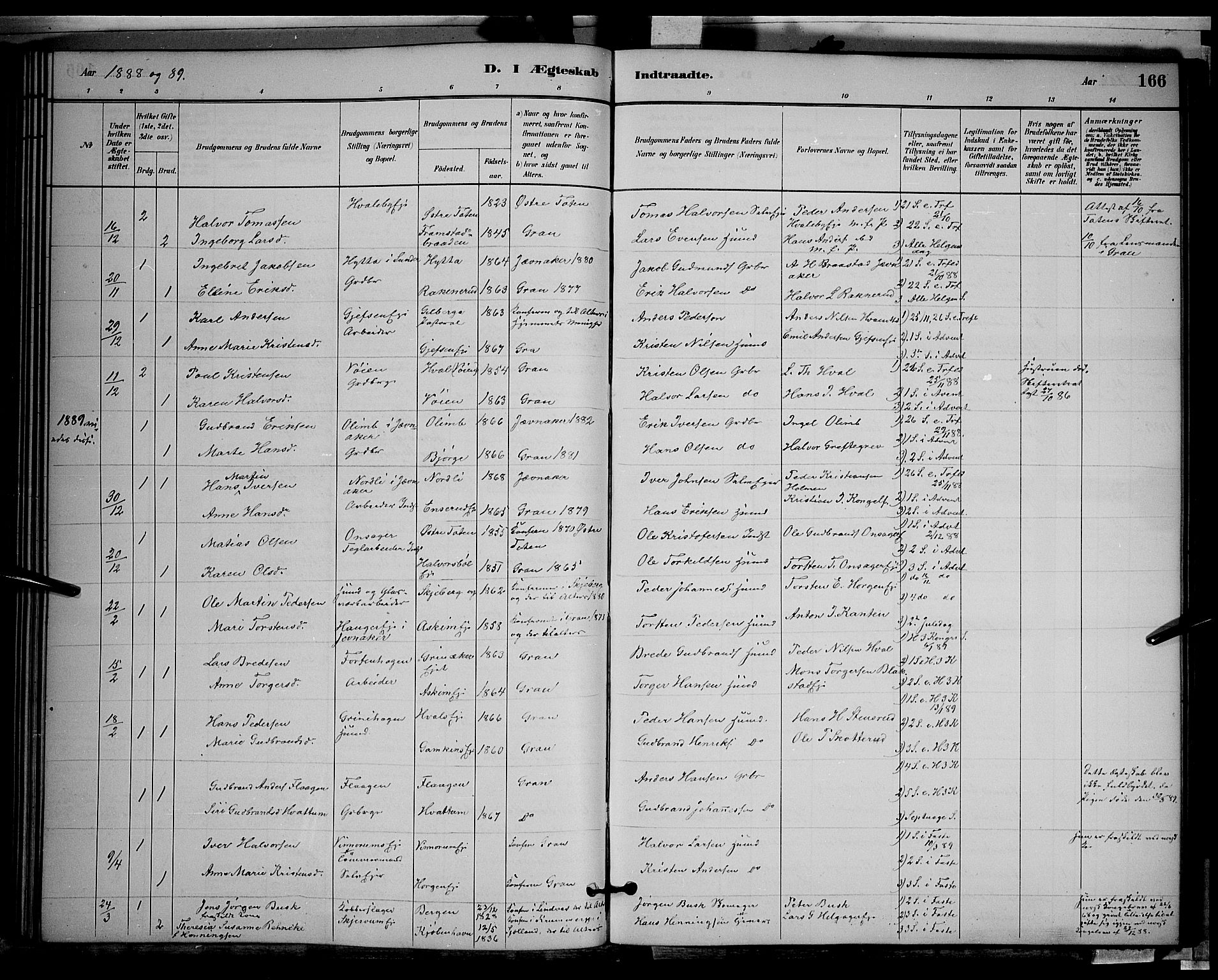 Gran prestekontor, SAH/PREST-112/H/Ha/Hab/L0002: Parish register (copy) no. 2, 1879-1892, p. 166