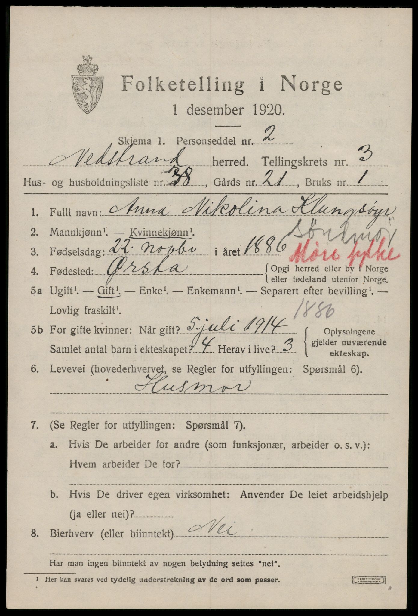 SAST, 1920 census for Nedstrand, 1920, p. 1723