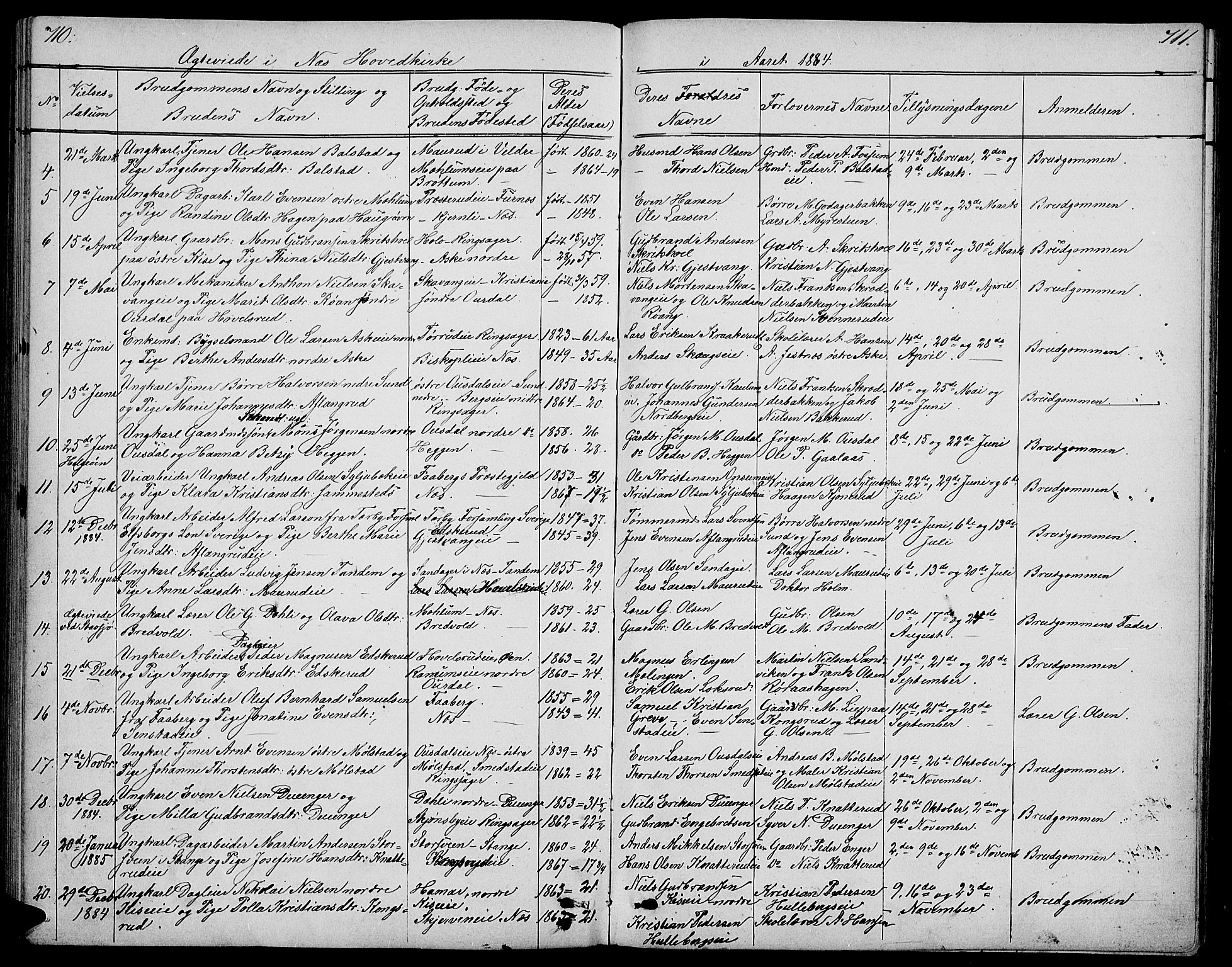 Nes prestekontor, Hedmark, SAH/PREST-020/L/La/L0005: Parish register (copy) no. 5, 1852-1889, p. 710-711