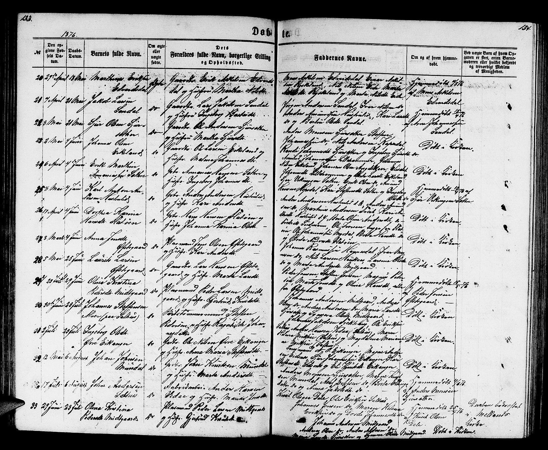 Hamre sokneprestembete, SAB/A-75501/H/Ha/Hab: Parish register (copy) no. B 2, 1863-1880, p. 133-134