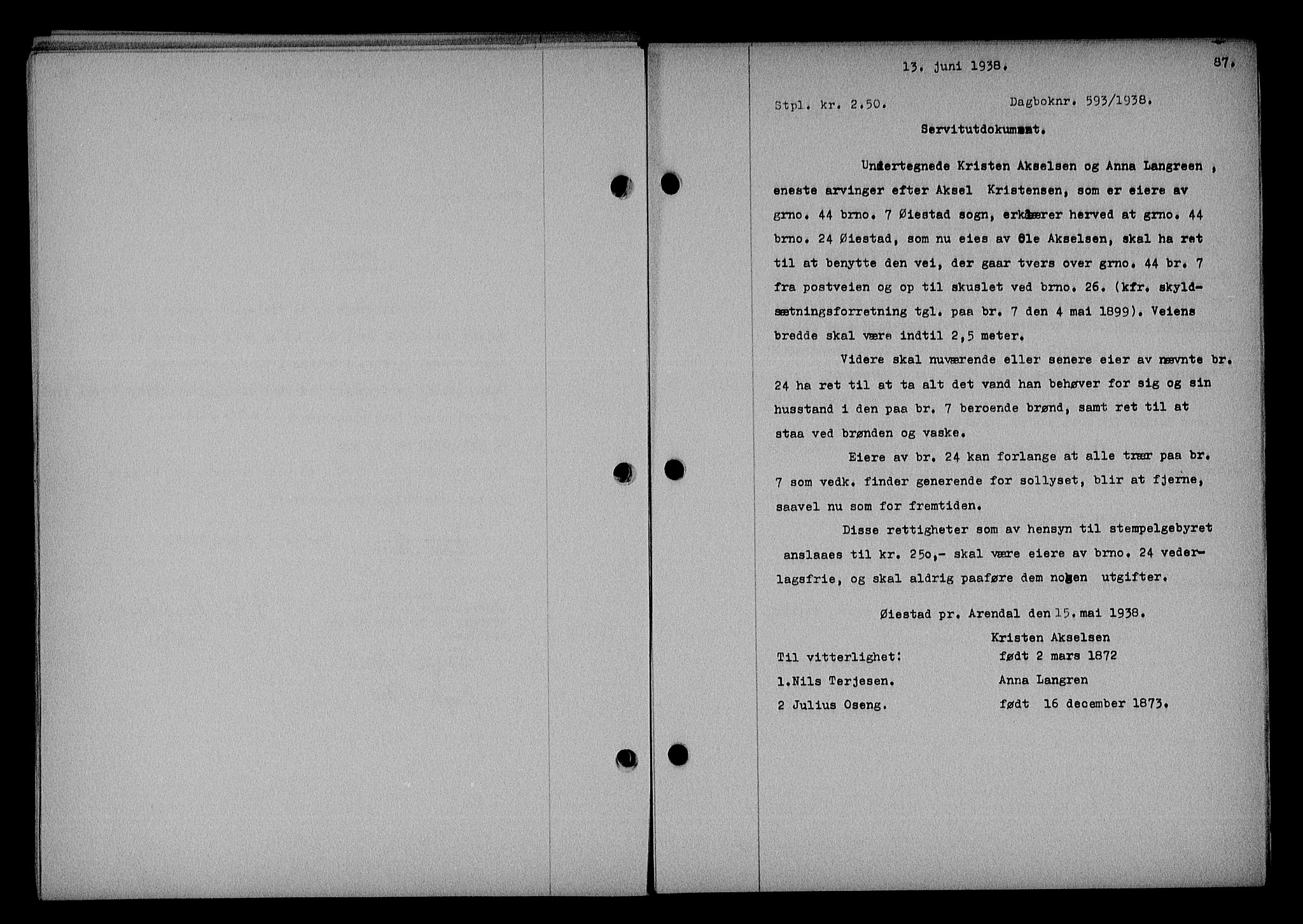 Nedenes sorenskriveri, SAK/1221-0006/G/Gb/Gba/L0045: Mortgage book no. 41, 1938-1938, Diary no: : 593/1938