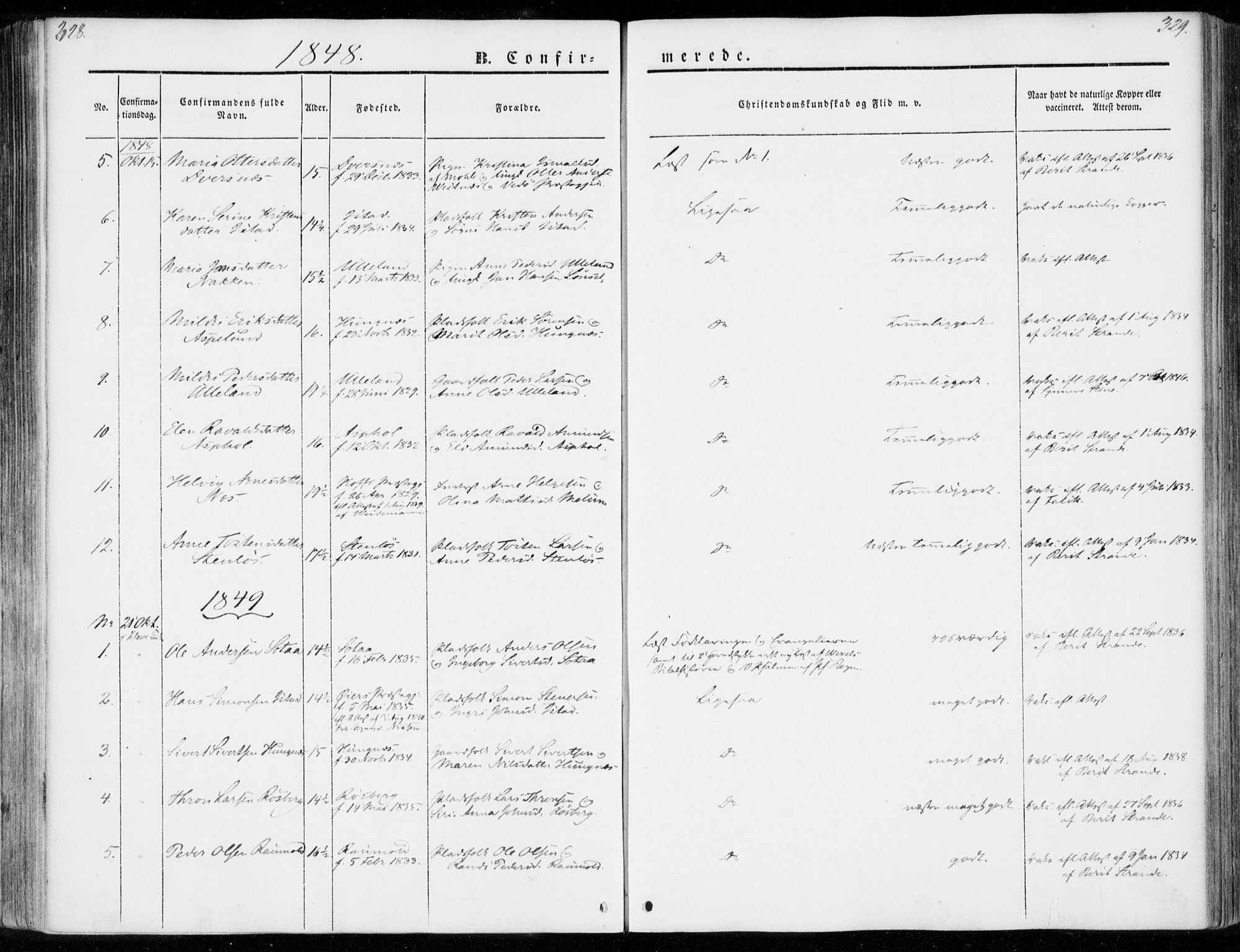 Ministerialprotokoller, klokkerbøker og fødselsregistre - Møre og Romsdal, SAT/A-1454/557/L0680: Parish register (official) no. 557A02, 1843-1869, p. 328-329